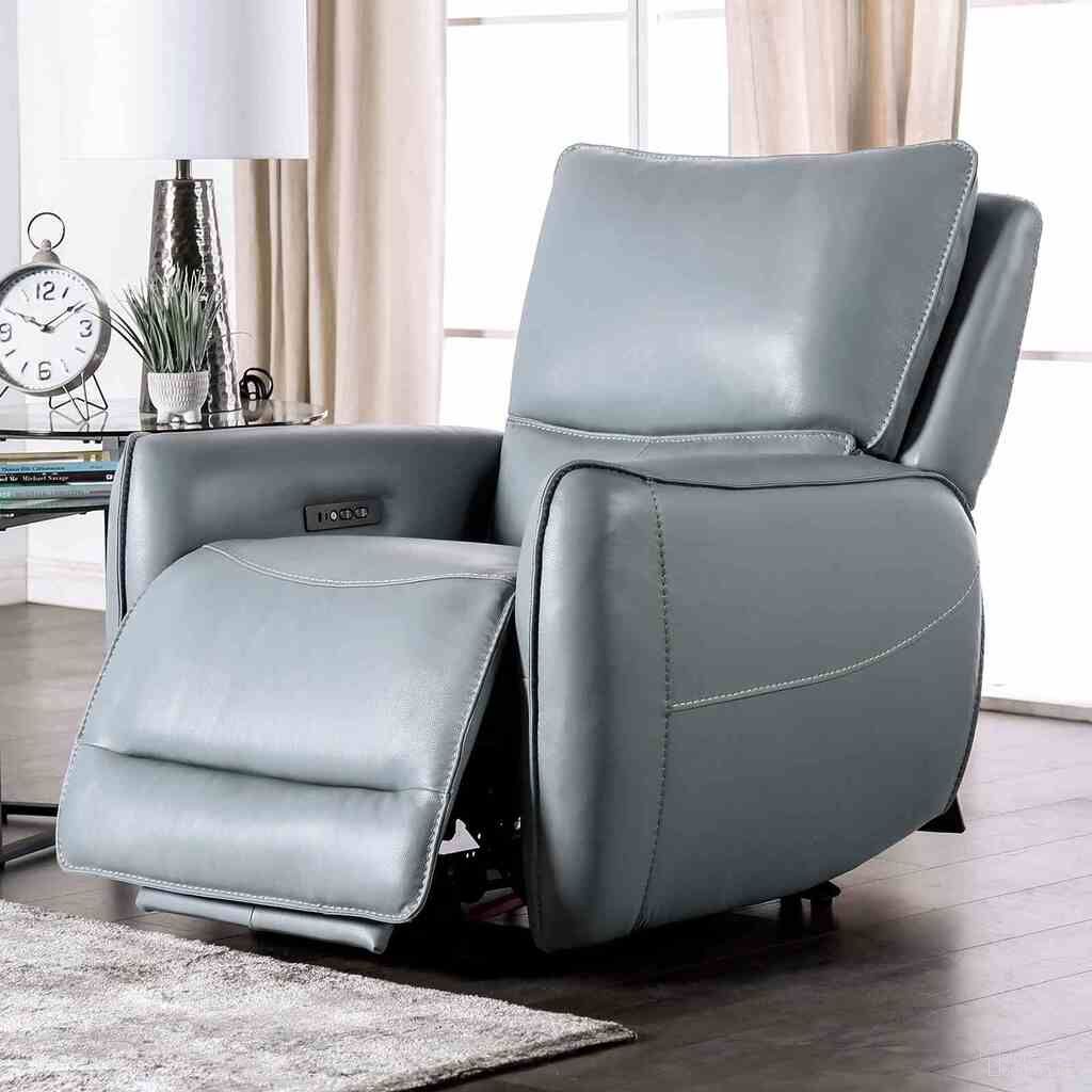 The appearance of Phineas Power Recliner In Pale Blue designed by Furniture of America in the transitional interior design. This pale blue piece of furniture was selected by 1StopBedrooms from Phineas Collection to add a touch of cosiness and style into your home. Sku: CM9921PB-CH-PM. Material: Leather Match.
