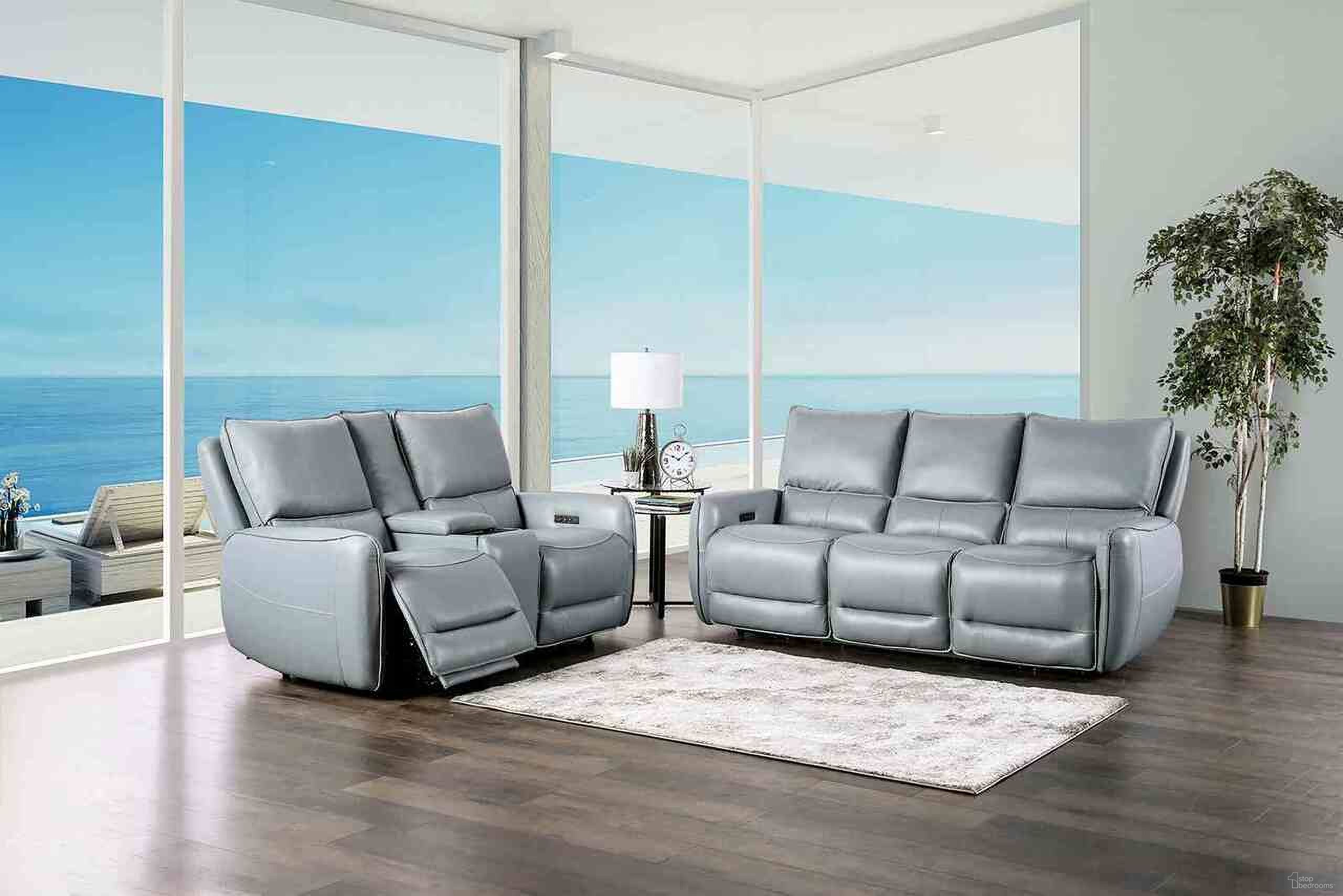 The appearance of Phineas Power Reclining Living Room Set In Pale Blue designed by Furniture of America in the transitional interior design. This pale blue piece of furniture was selected by 1StopBedrooms from Phineas Collection to add a touch of cosiness and style into your home. Sku: CM9921PB-SF-PM;CM9921PB-LV-PM. Material: Leather Match.