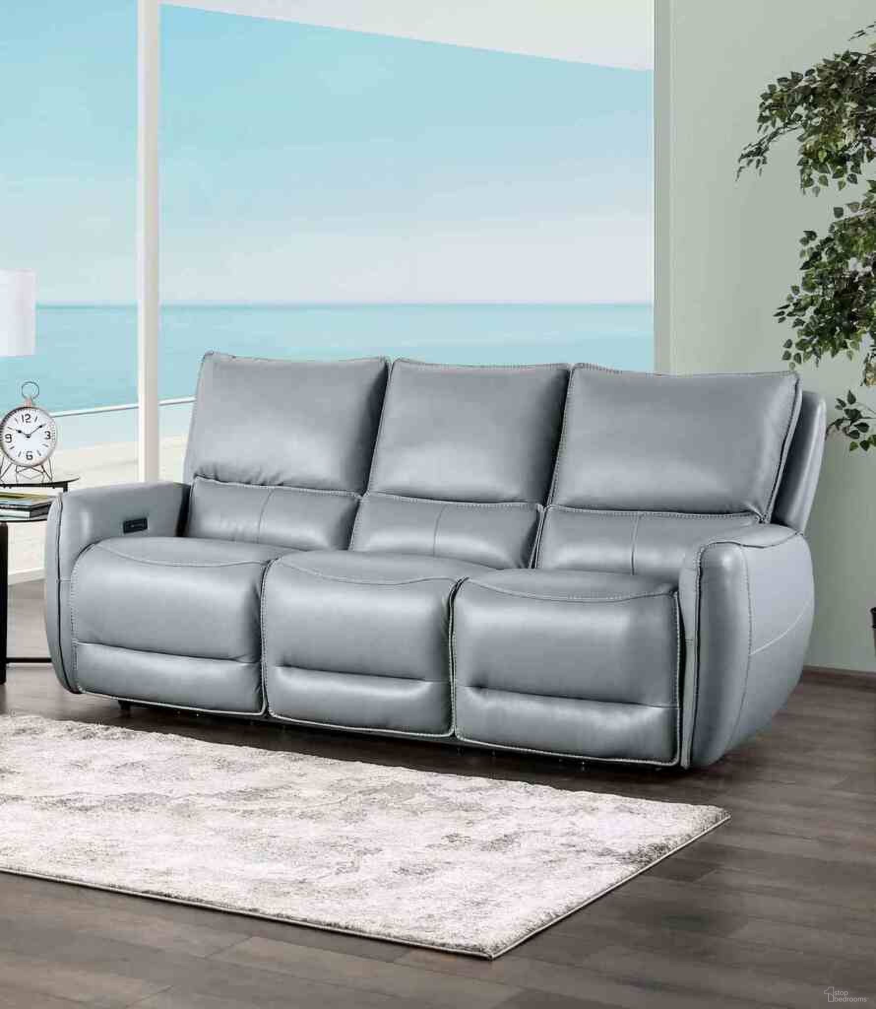 The appearance of Phineas Power Sofa In Pale Blue designed by Furniture of America in the transitional interior design. This pale blue piece of furniture  was selected by 1StopBedrooms from Phineas Collection to add a touch of cosiness and style into your home. Sku: CM9921PB-SF-PM. Material: Leather Match.
