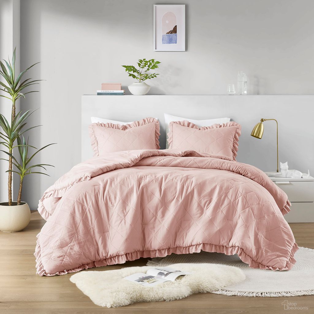 The appearance of Phoebe Diamond Quilted Ruffle Edge Comforter Set In Blush designed by Olliix in the rustic / southwestern interior design. This blush piece of furniture  was selected by 1StopBedrooms from Phoebe Collection to add a touch of cosiness and style into your home. Sku: AM10-0185. Material: Polyester. Bed Size: Twin.