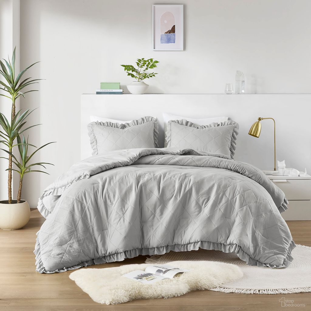 Phoebe Diamond Quilted Ruffle Edge Comforter Set In Gray