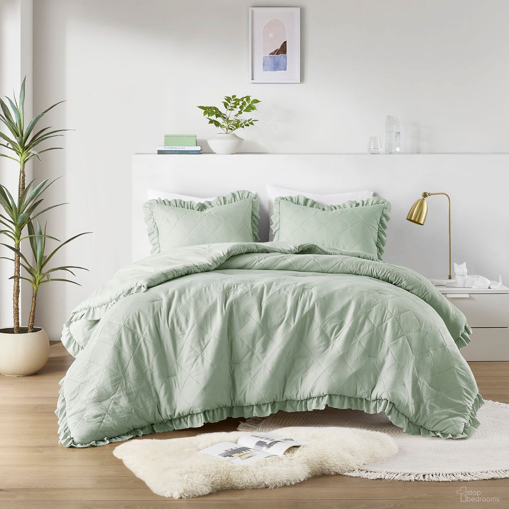 Phoebe Diamond Quilted Ruffle Edge Comforter Set In Sage