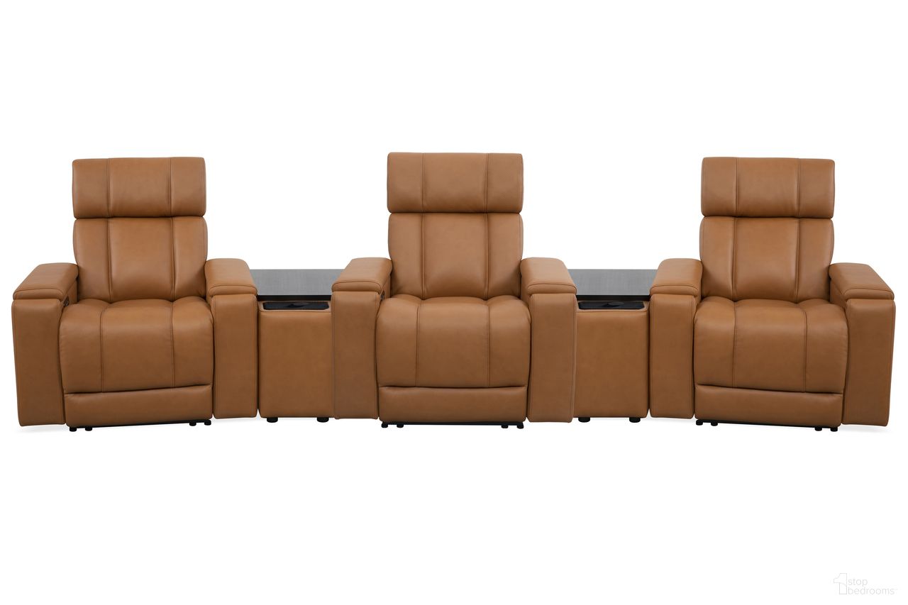 The appearance of Phoenix Zero Gravity Power 3 Seat Home Theater Seating with 2 Wedges and Immersive Audio In Autumn Caramel designed by Parker House in the modern / contemporary interior design. This autumn caramel piece of furniture  was selected by 1StopBedrooms from Phoenix Collection to add a touch of cosiness and style into your home. Sku: MPHX-812P3ZIA-ATCA;MPHX-812P3ZIA-ATCA;MPHX-812P3ZIA-ATCA;MPHX-865-ATCA;MPHX-865-ATCA. Material: Top Grain Leather.