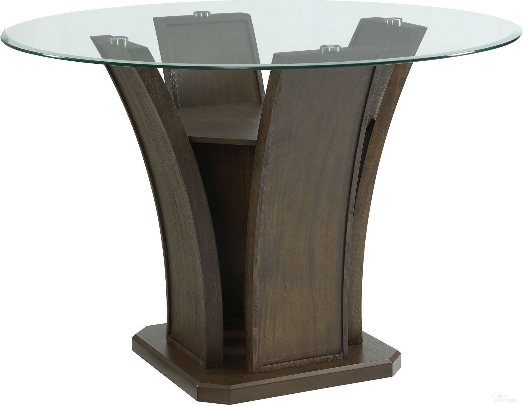 The appearance of Picket House Furnishings Simms Round Counter Height Dining Table In Walnut designed by Picket House in the transitional interior design. This walnut piece of furniture  was selected by 1StopBedrooms from Simms Collection to add a touch of cosiness and style into your home. Sku: DPR500RDT;DPR500RCDB. Table Base Style: Pedestal. Table Top Shape: Round. Material: Rubberwood. Size: 54".
