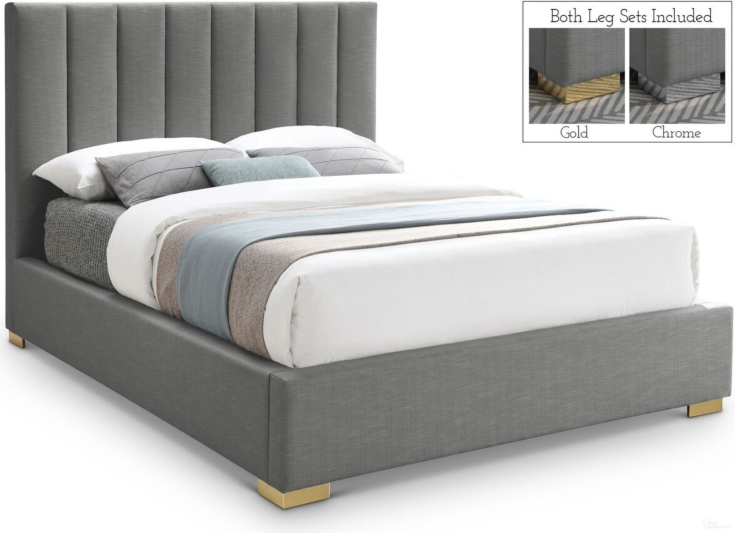 Pierce Linen Textured Fabric Full Bed In Grey
