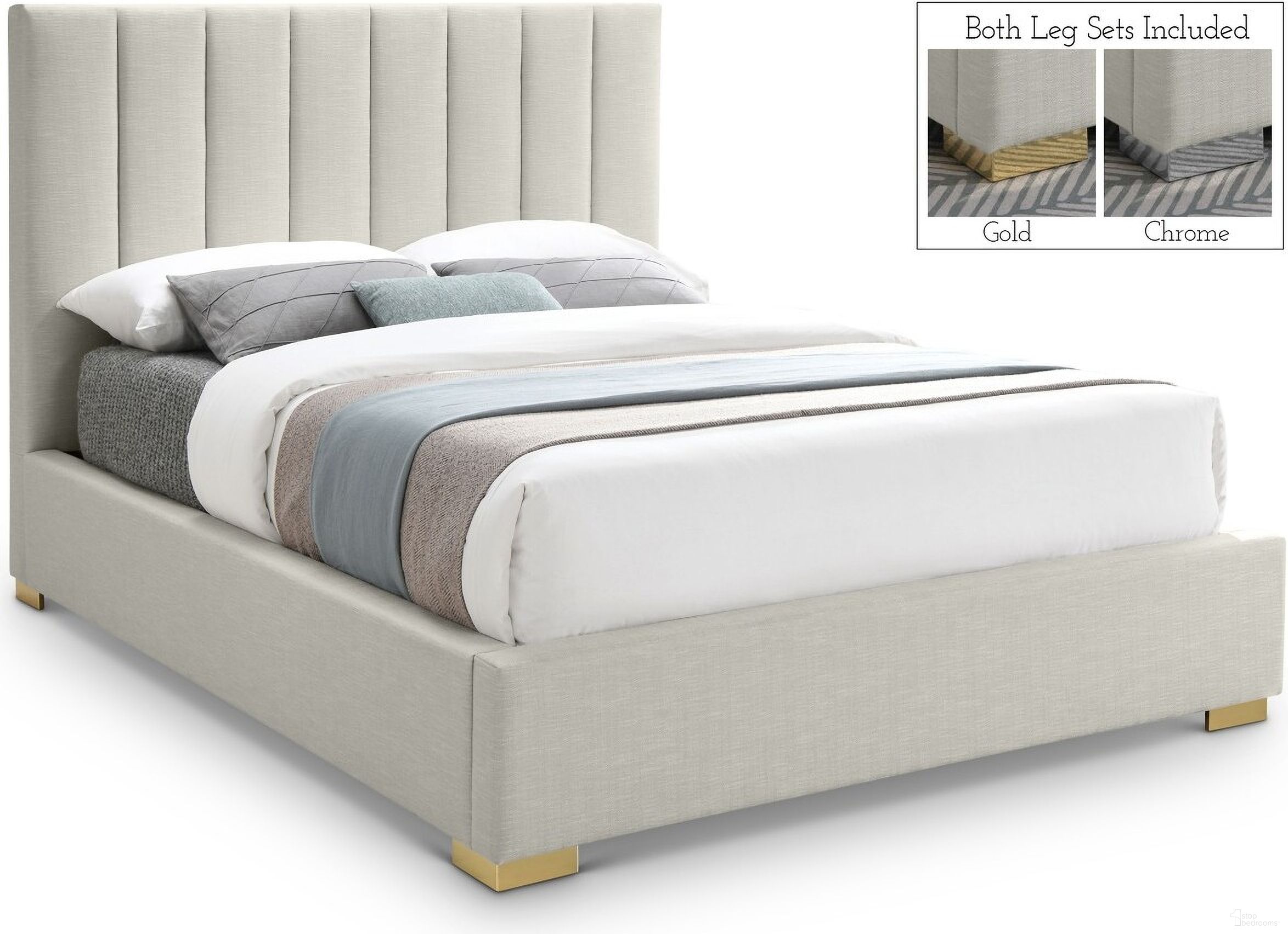 Pierce Linen Textured Fabric Queen Bed In Beige