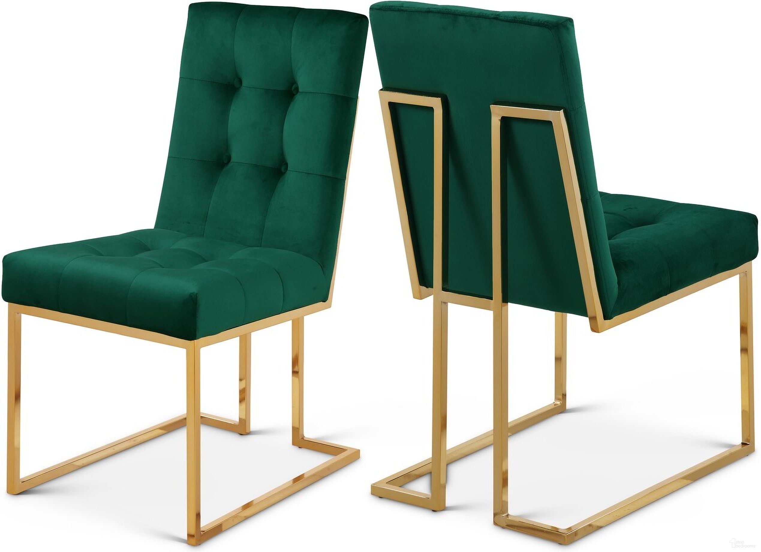 The appearance of Pierre Velvet Dining Chair Set of 2 In Green designed by Meridian in the modern / contemporary interior design. This green piece of furniture  was selected by 1StopBedrooms from Pierre Collection to add a touch of cosiness and style into your home. Sku: 714Green-C. Material: Velvet. Chair Type: Side Chair.