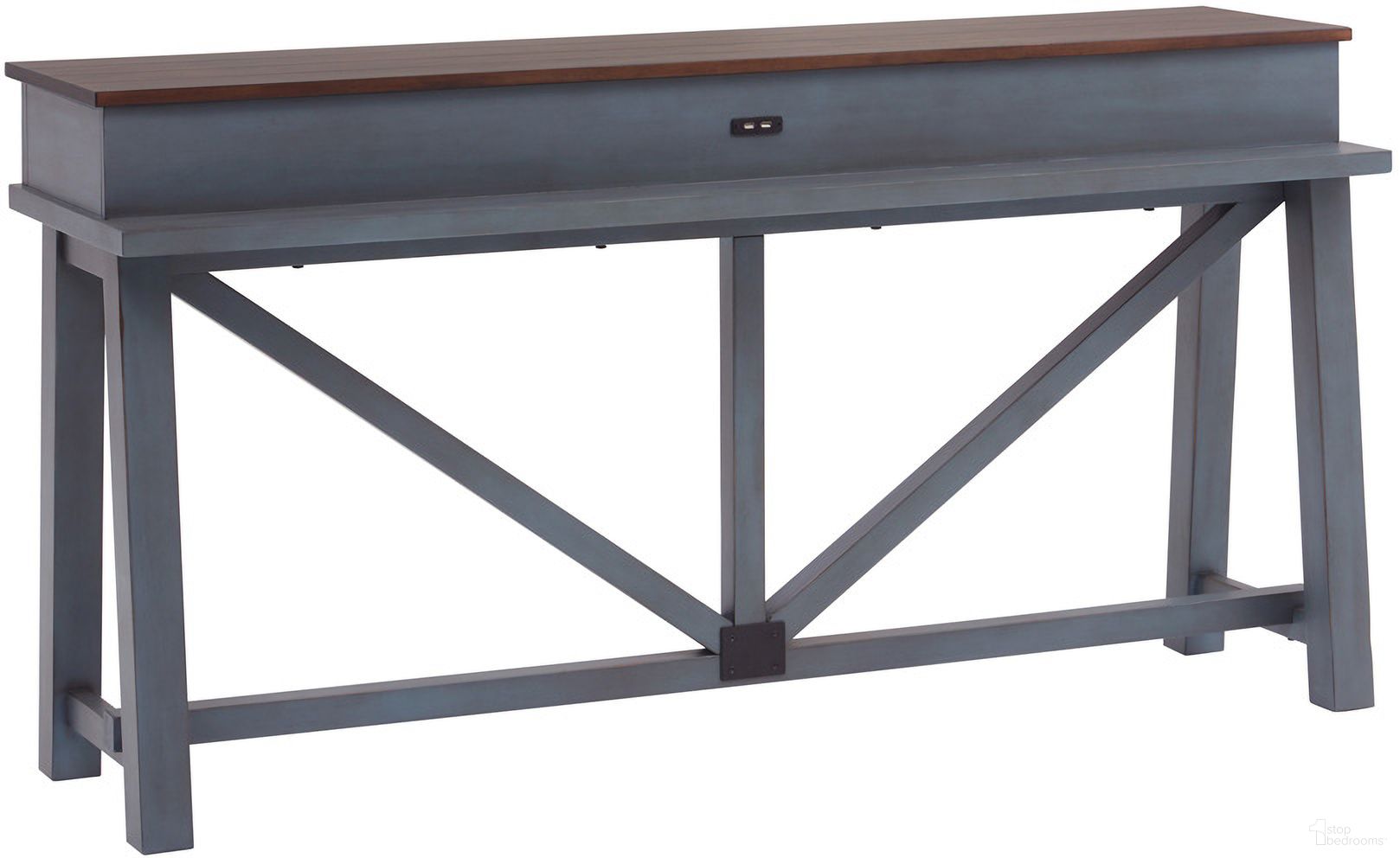 The appearance of Pinebrook Console Bar Table In Denim designed by Aspenhome in the country / farmhouse interior design. This denim piece of furniture was selected by 1StopBedrooms from Pinebrook Collection to add a touch of cosiness and style into your home. Sku: I629-9151-DEN. Material: Wood.