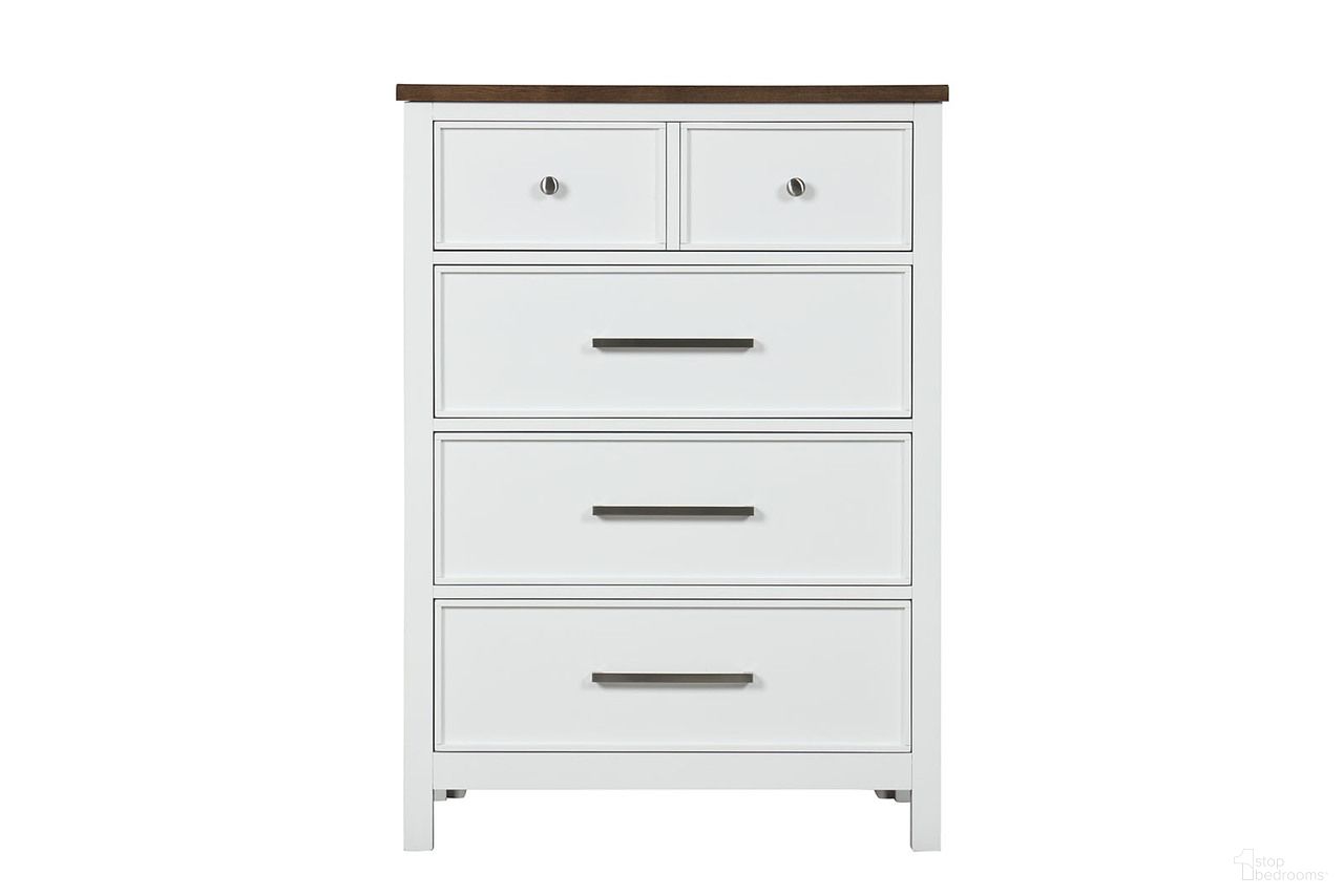 The appearance of Pinetop Chest In White and Dark Brown designed by Furniture of America in the modern / contemporary interior design. This white/dark brown piece of furniture was selected by 1StopBedrooms from Pinetop Collection to add a touch of cosiness and style into your home. Sku: FM7171WH-C. Material: Pine Wood.