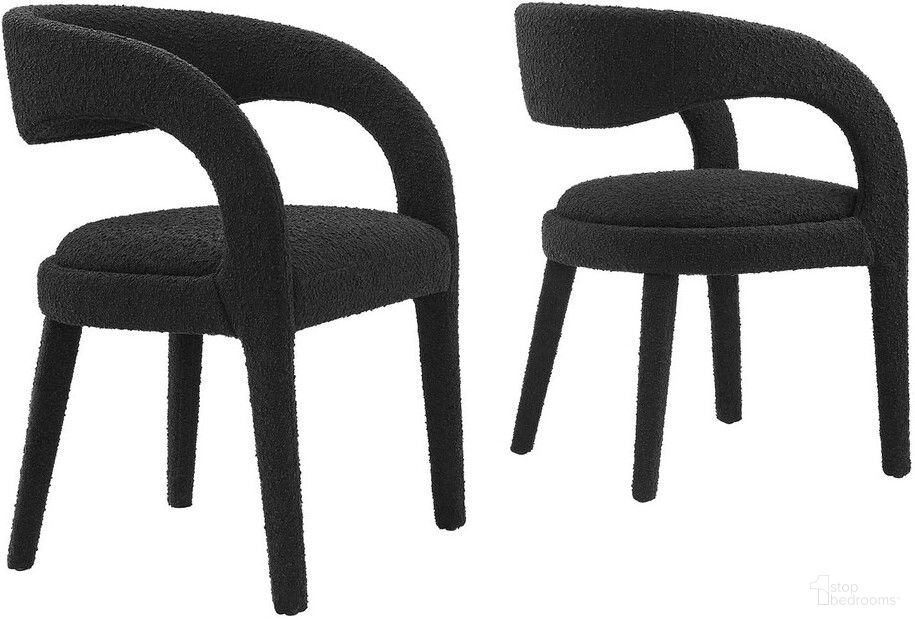 The appearance of Pinnacle Boucle Upholstered Dining Chair Set of 2 In Black designed by Modway in the modern / contemporary interior design. This black piece of furniture was selected by 1StopBedrooms from Pinnacle Collection to add a touch of cosiness and style into your home. Sku: EEI-6562-BLK. Material: Rubberwood. Chair Type: Arm Chair.
