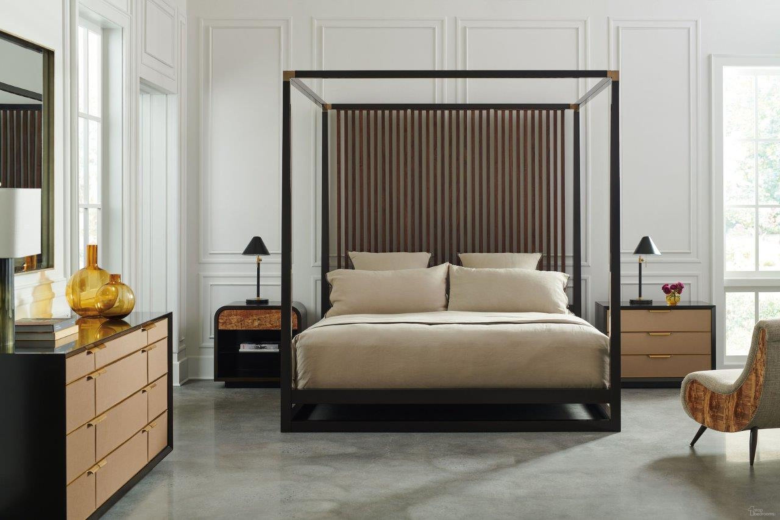 The appearance of Pinstripe Dark Chocolate And Rich Walnut Canopy Bedroom Set designed by Caracole in the transitional interior design. This brown piece of furniture was selected by 1StopBedrooms from Caracole Classic Collection to add a touch of cosiness and style into your home. Sku: CLA-020-101;CLA-020-0611. Bed Type: Canopy Bed. Material: Wood. Bed Size: Queen.