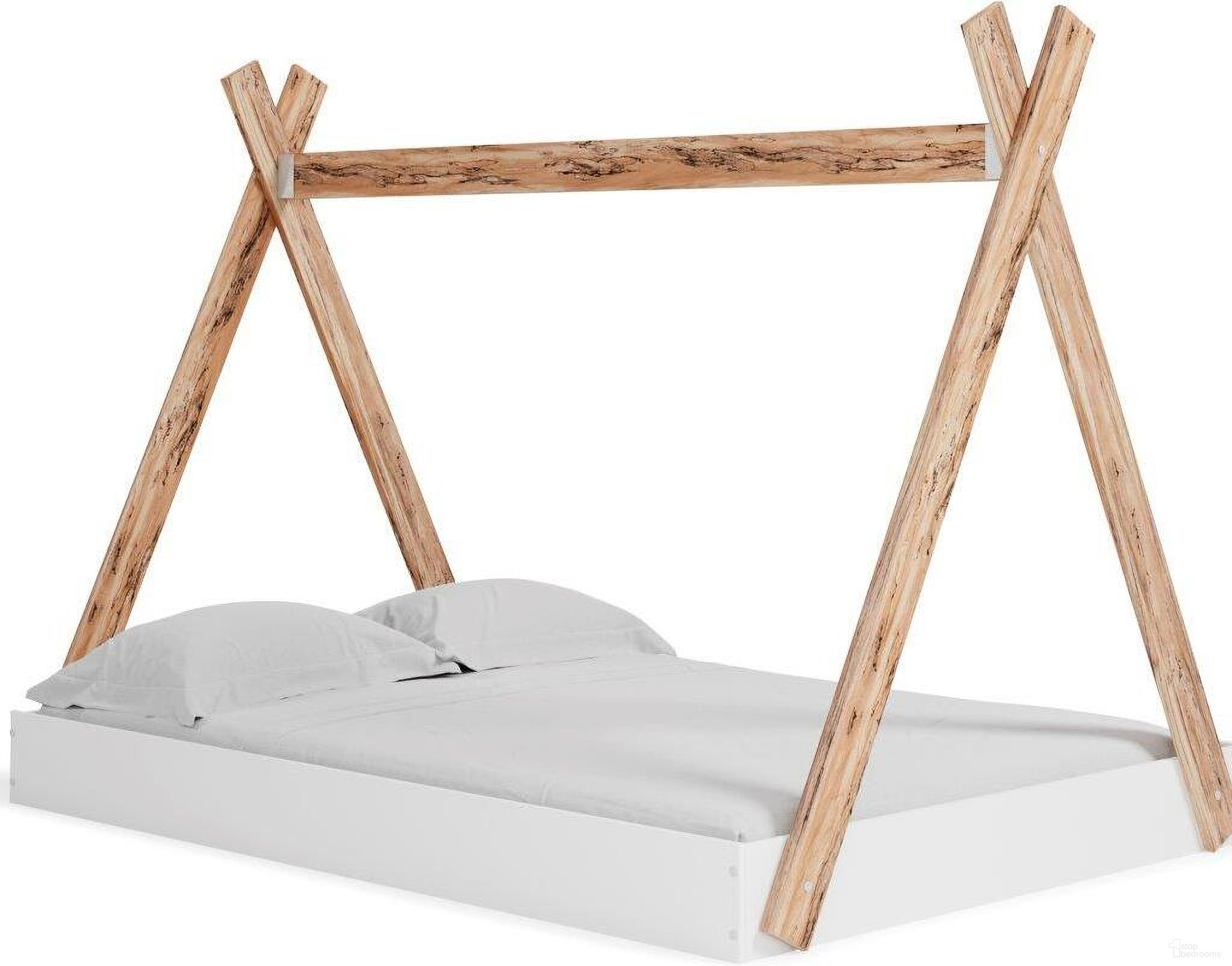The appearance of Piperton White And Natural Full Tent Bed in Box designed by Signature Design by Ashley in the transitional interior design. This two-tone brown/white piece of furniture  was selected by 1StopBedrooms from Piperton Collection to add a touch of cosiness and style into your home. Sku: EB1221-122. Bed Type: Platform Bed. Material: Wood. Bed Size: Full.