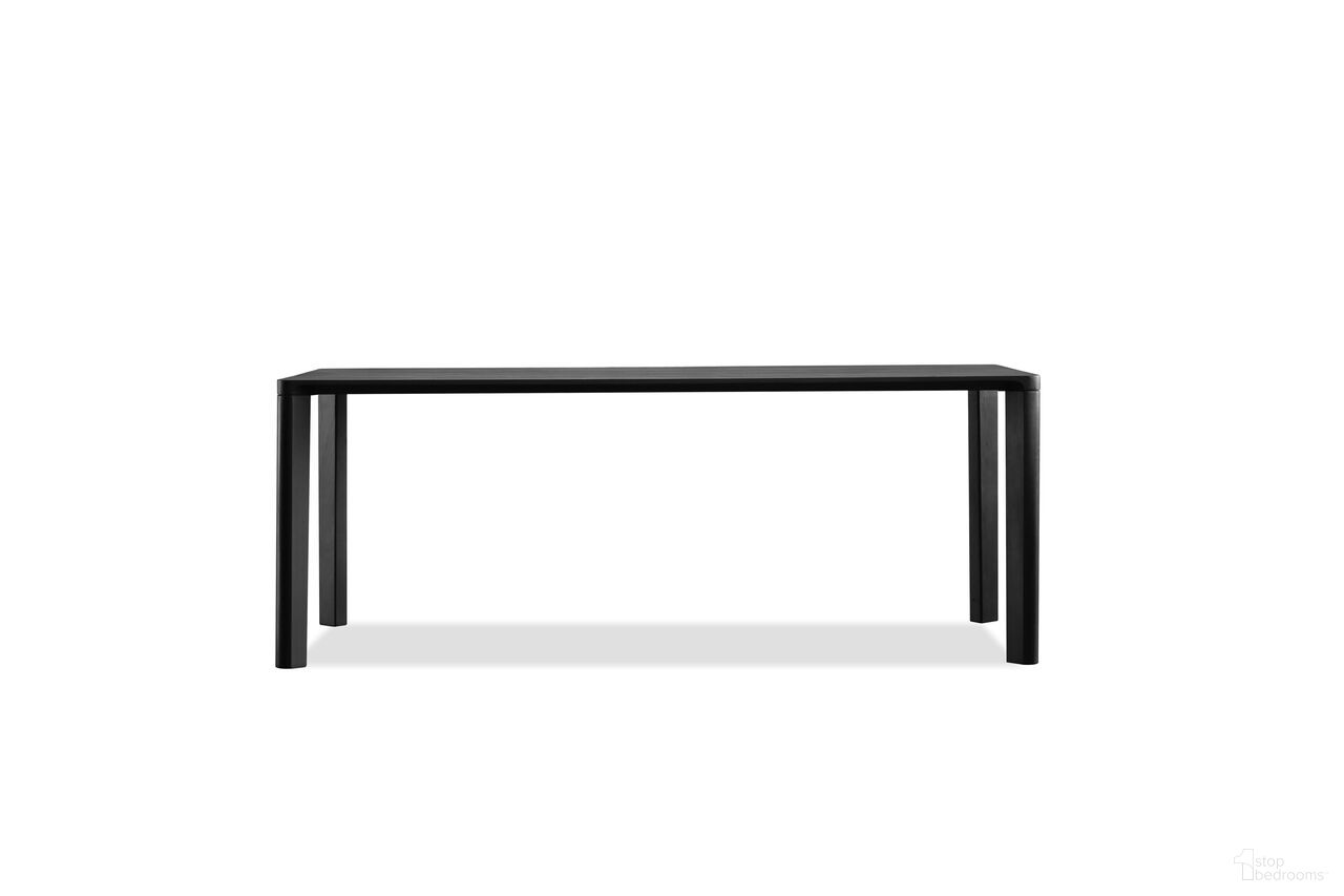 The appearance of Plank Dining Table Solid Teak Legs In Black designed by Mobital in the modern / contemporary interior design. This black piece of furniture  was selected by 1StopBedrooms from Plank Collection to add a touch of cosiness and style into your home. Sku: DTA-PLAN-BLAC-SOOT. Table Base Style: Legs. Table Top Shape: Rectangular. Size: 36" x 79". Material: Teak Wood.