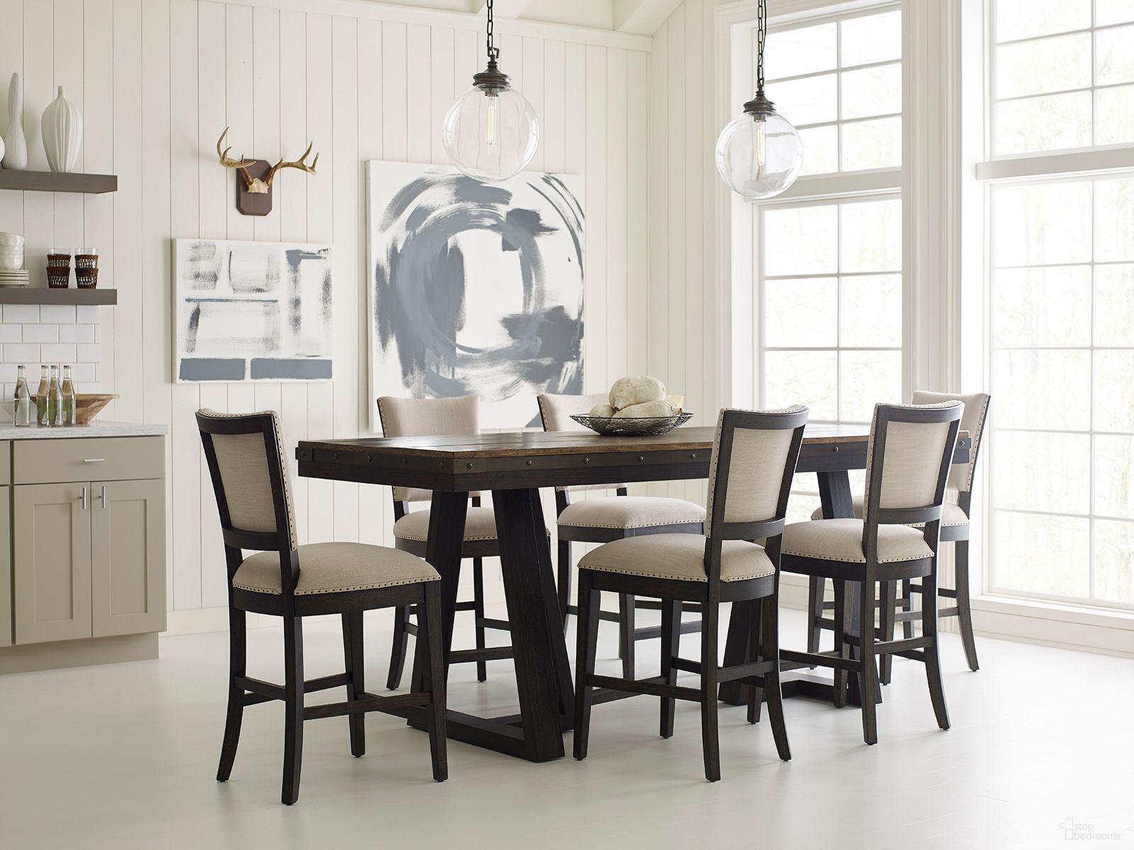 The appearance of Plank Road Charcoal Kimler Counter Height Dining Room Set designed by Kincaid in the modern / contemporary interior design. This charcoal piece of furniture  was selected by 1StopBedrooms from Plank Road Collection to add a touch of cosiness and style into your home. Sku: 706-706CP;706-691C. Table Base Style: Double Pedestal. Material: Wood. Table Top Shape: Rectangular. Size: 34" x 84".