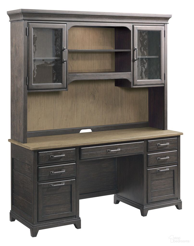 The appearance of Plank Road Farmstead Executive Crednza and Hutch In Charcoal designed by Kincaid in the interior design. This charcoal piece of furniture was selected by 1StopBedrooms from Plank Road Collection to add a touch of cosiness and style into your home. Sku: 706-942CP. Material: Solid Wood.