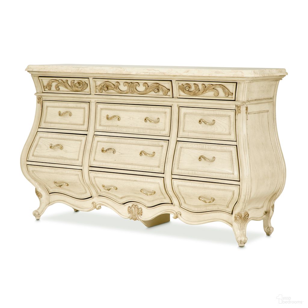 The appearance of Platine de Royale Dresser In Champagne designed by Michael Amini in the modern / contemporary interior design. This champagne piece of furniture was selected by 1StopBedrooms from Platine De Royale Collection to add a touch of cosiness and style into your home. Sku: NR09050SA-201. Material: Poplar.