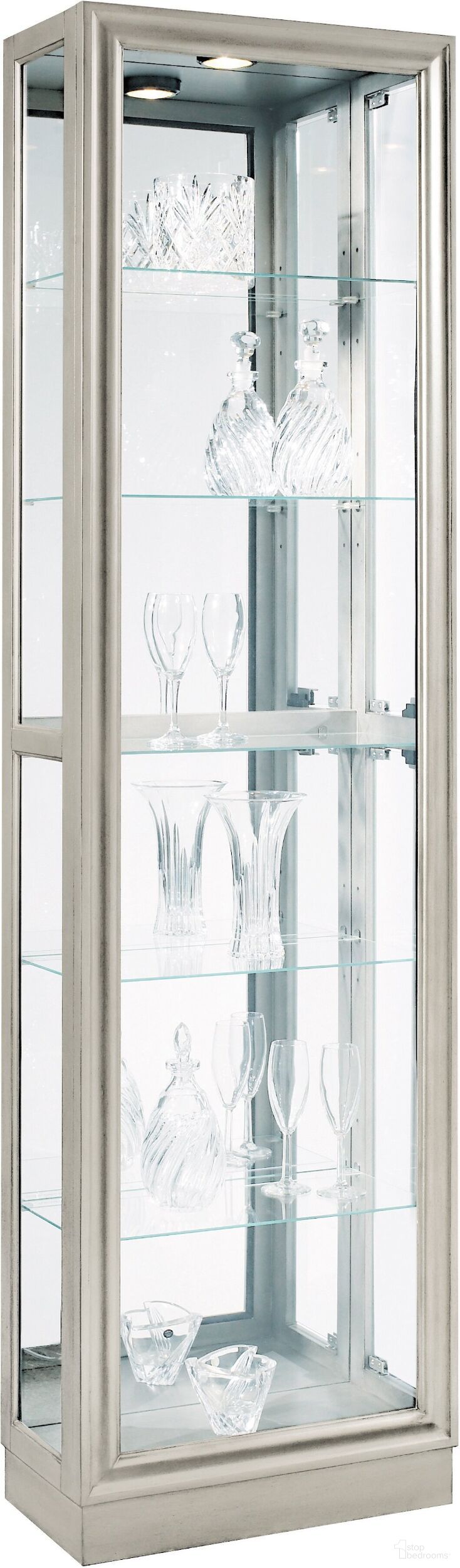 The appearance of Platinum Four adjustable glass shelves Curio designed by Pulaski in the modern / contemporary interior design. This silver piece of furniture  was selected by 1StopBedrooms from Curios Collection to add a touch of cosiness and style into your home. Sku: 21455. Material: Wood.