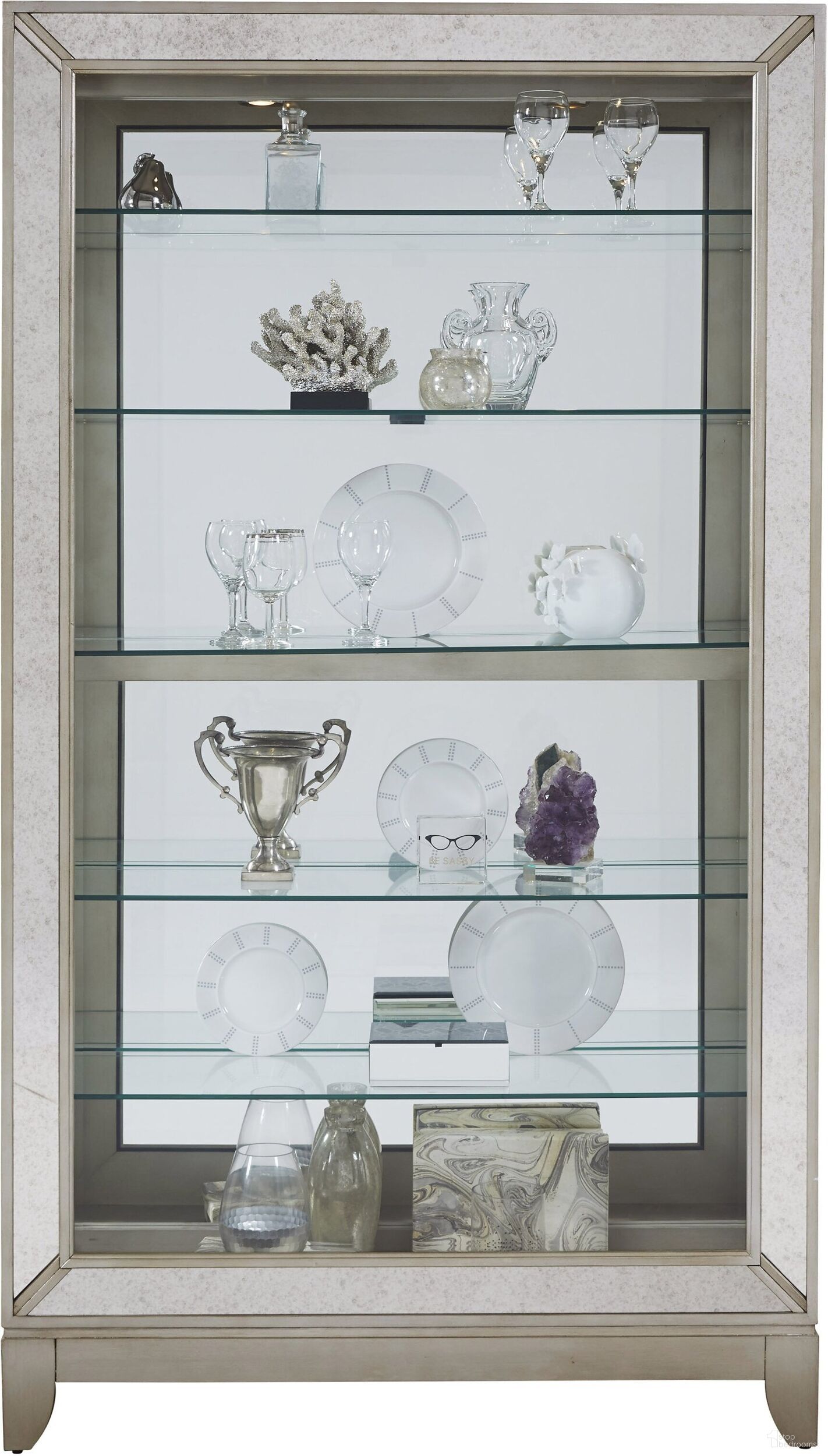 The appearance of Platinum Side Entry Curio With Five Adjustable Shelves designed by Pulaski in the modern / contemporary interior design. This silver piece of furniture  was selected by 1StopBedrooms from Curios Collection to add a touch of cosiness and style into your home. Sku: 21384. Material: Glass.