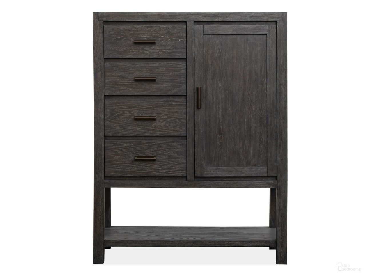 The appearance of Plum Creek Door Chest In Ravenwood Black designed by Magnussen in the coastal interior design. This ravenwood black piece of furniture was selected by 1StopBedrooms from Plum Creek Collection to add a touch of cosiness and style into your home. Sku: B5990-13. Material: Oak Veneer.