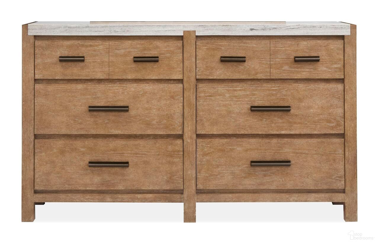 The appearance of Plum Creek Drawer Dresser In Sierra Brown designed by Magnussen in the coastal interior design. This sierra brown piece of furniture was selected by 1StopBedrooms from Plum Creek Collection to add a touch of cosiness and style into your home. Sku: B5768-20. Material: Oak Veneer.