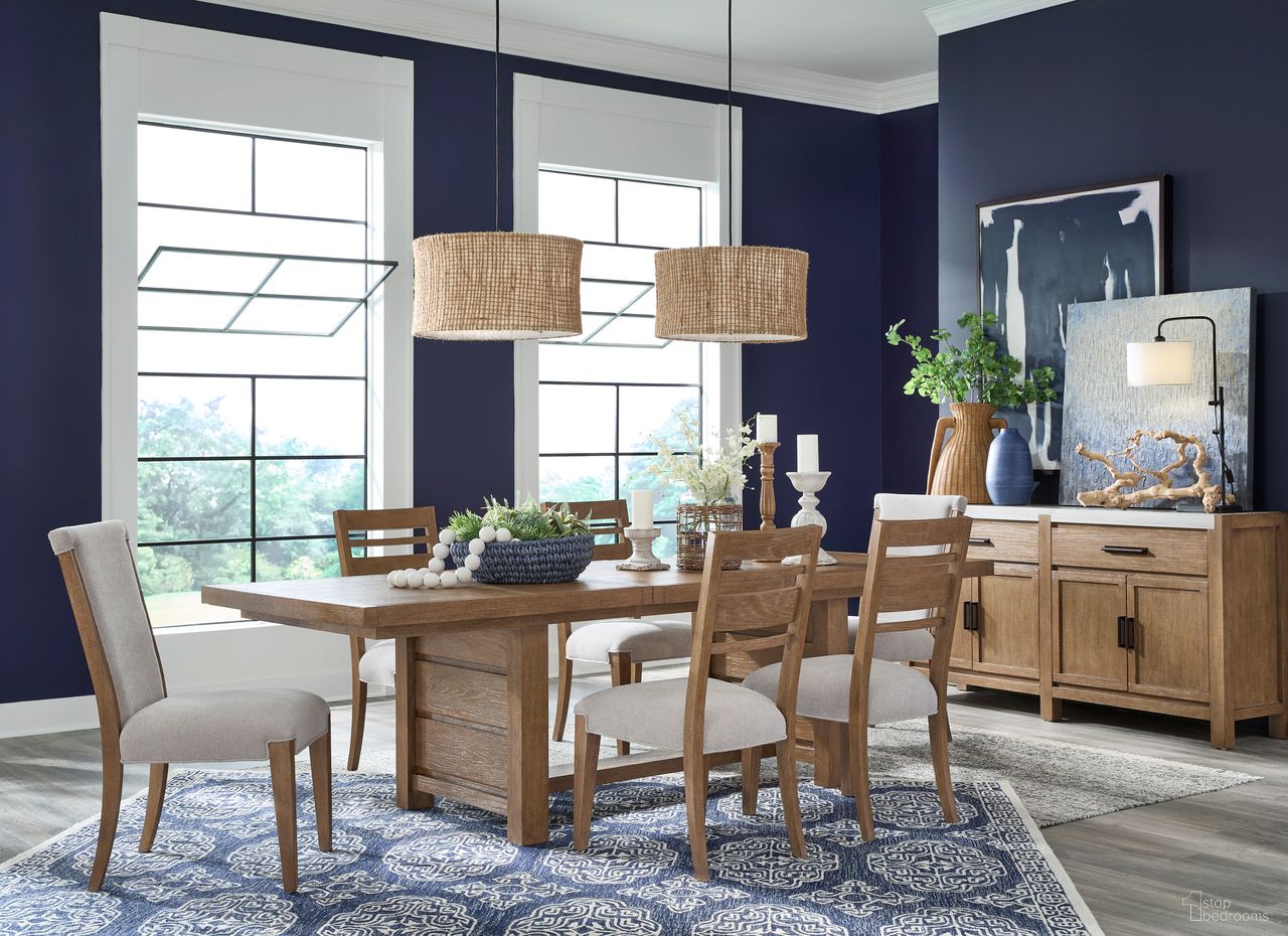 The appearance of Plum Creek Extendable Trestle Dining Set In Sierra Brown designed by Magnussen in the coastal interior design. This sierra brown piece of furniture  was selected by 1StopBedrooms from Plum Creek Collection to add a touch of cosiness and style into your home. Sku: D5768-21;D5768-62. Table Top Shape: Rectangular. Size: 80" x 40". Material: Hardwood.