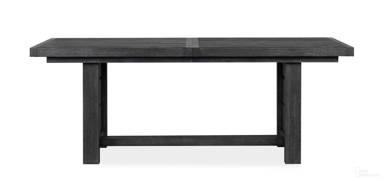 The appearance of Plum Creek Extendable Trestle Dining Table In Ravenwood Black designed by Magnussen in the coastal interior design. This ravenwood black piece of furniture  was selected by 1StopBedrooms from Plum Creek Collection to add a touch of cosiness and style into your home. Sku: D5990-21. Table Base Style: Trestle. Table Top Shape: Rectangular. Size: 80" x 40". Material: Oak Veneer.