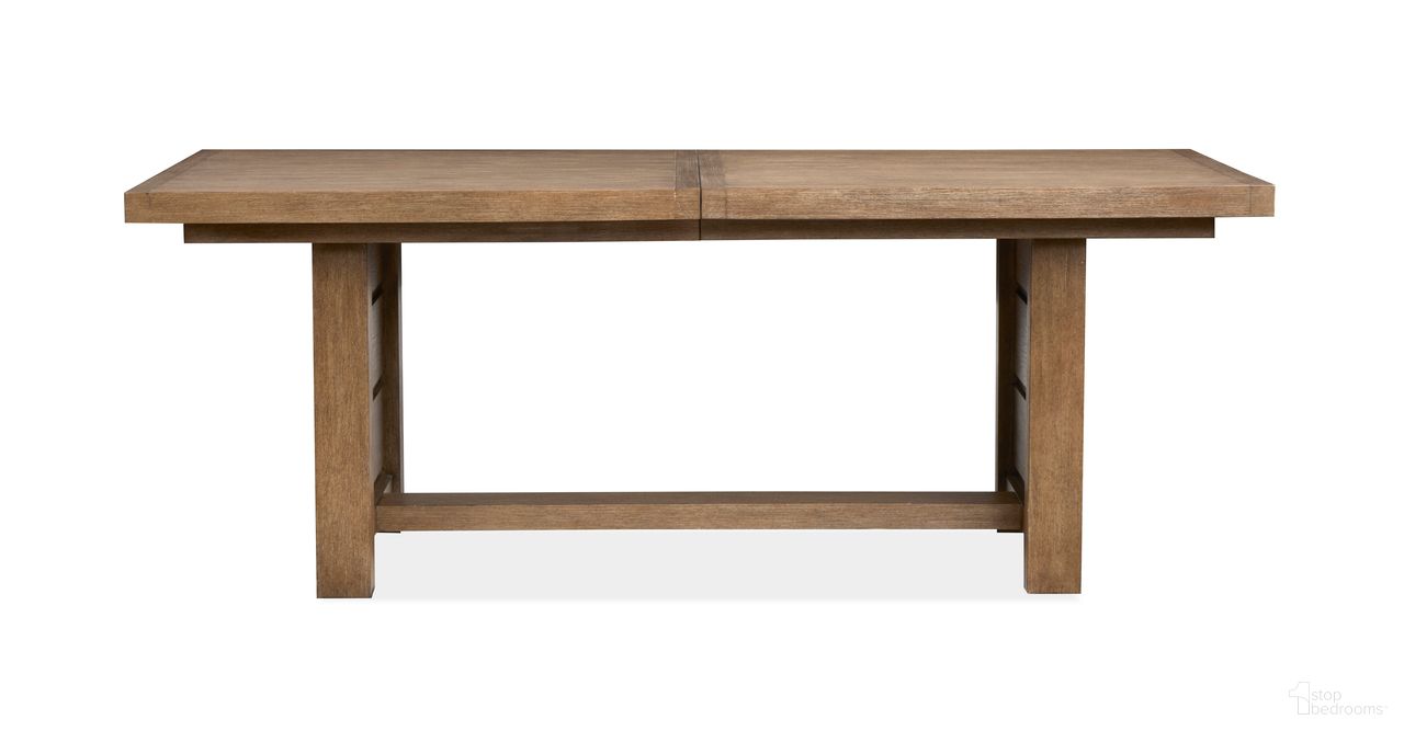 The appearance of Plum Creek Extendable Trestle Dining Table In Sierra Brown designed by Magnussen in the coastal interior design. This sierra brown piece of furniture  was selected by 1StopBedrooms from Plum Creek Collection to add a touch of cosiness and style into your home. Sku: D5768-21. Table Base Style: Trestle. Table Top Shape: Rectangular. Size: 80" x 40". Material: Oak Veneer.
