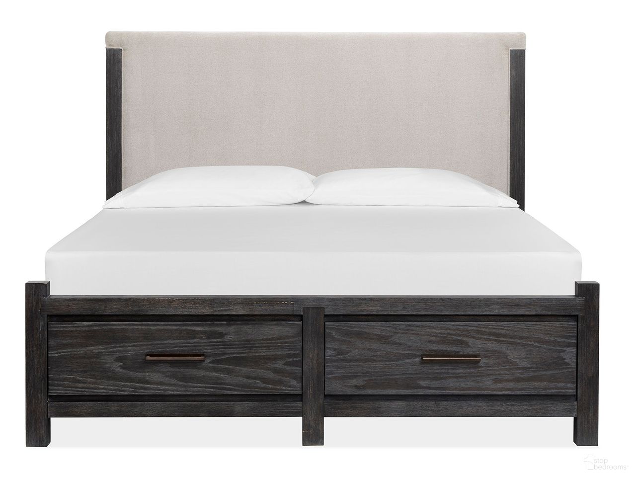 The appearance of Plum Creek King Upholstered Panel Storage Bed In Ravenwood Black designed by Magnussen in the coastal interior design. This ravenwood black piece of furniture  was selected by 1StopBedrooms from Plum Creek Collection to add a touch of cosiness and style into your home. Sku: B5990-65H;B5990-64SF;B5990-54R. Bed Size: King. Material: Oak Veneer. Bed Type: Upholstered Bed.