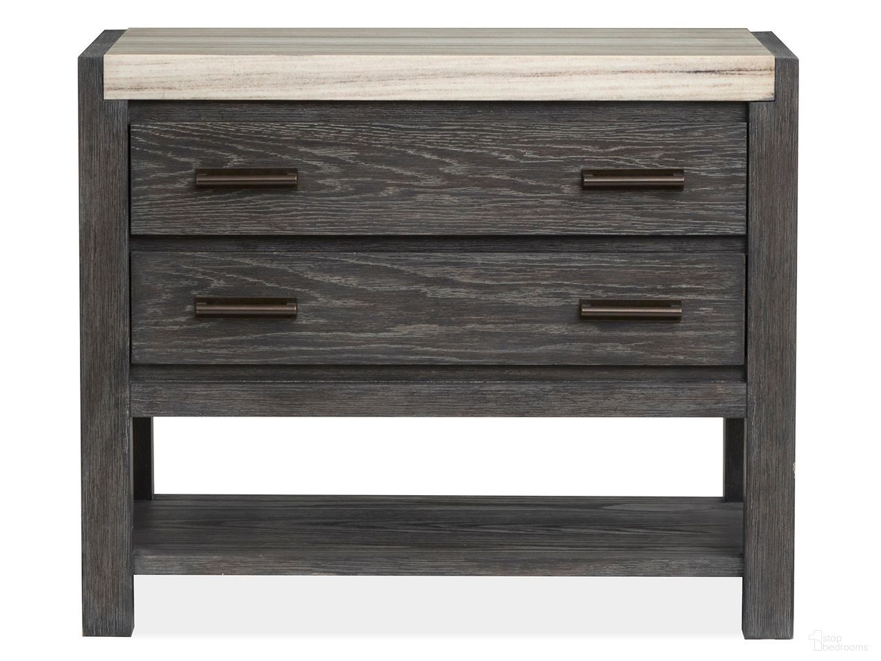 The appearance of Plum Creek Open Nightstand In Ravenwood Black designed by Magnussen in the coastal interior design. This ravenwood black piece of furniture was selected by 1StopBedrooms from Plum Creek Collection to add a touch of cosiness and style into your home. Sku: B5990-05. Material: Oak Veneer.