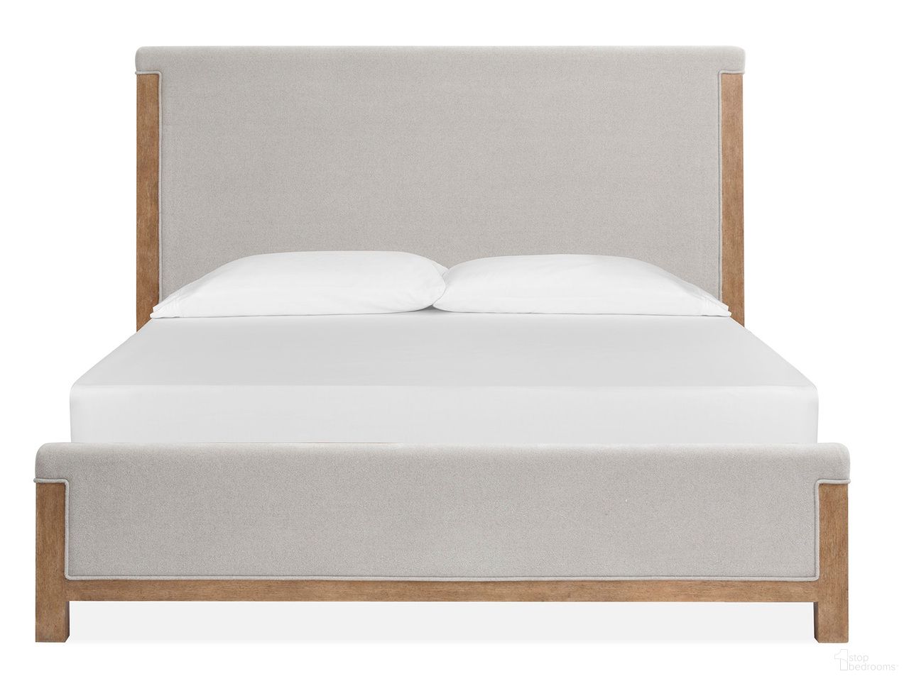 The appearance of Plum Creek Queen Upholstered Panel Bed In Sierra Brown designed by Magnussen in the coastal interior design. This sierra brown piece of furniture  was selected by 1StopBedrooms from Plum Creek Collection to add a touch of cosiness and style into your home. Sku: B5768-55H;B5768-55F;B5768-54R. Bed Size: Queen. Material: Oak Veneer. Bed Type: Upholstered Bed.