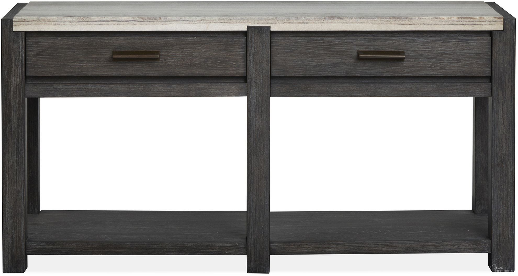 The appearance of Plum Creek Rectangular Sofa Table In Ravenwood Black designed by Magnussen in the coastal interior design. This ravenwood black piece of furniture  was selected by 1StopBedrooms from Plum Creek Collection to add a touch of cosiness and style into your home. Sku: T5990-73. Material: Oak Veneer.