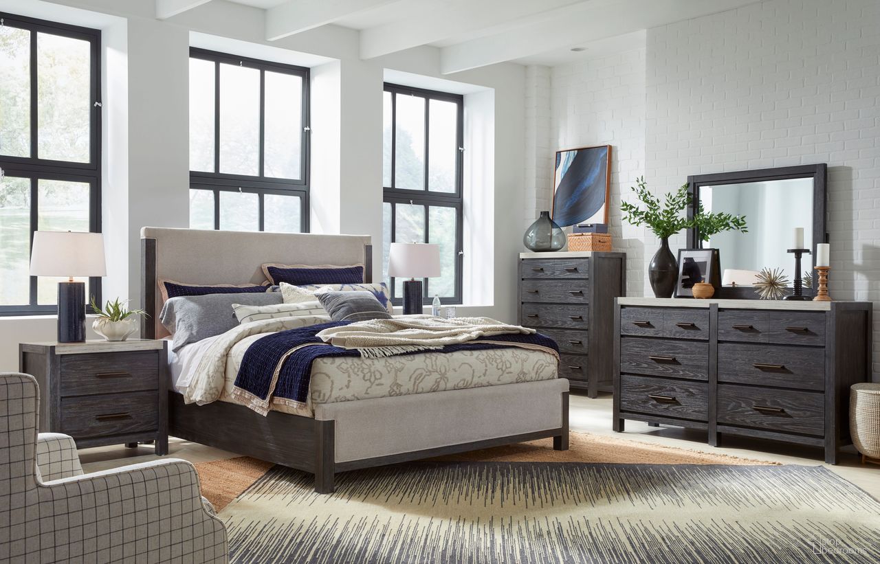 The appearance of Plum Creek Upholstered Panel Bedroom Set In Ravenwood Black designed by Magnussen in the coastal interior design. This ravenwood black piece of furniture was selected by 1StopBedrooms from Plum Creek Collection to add a touch of cosiness and style into your home. Sku: B5990-55H;B5990-55F;B5990-54R;B5990-01. Bed Size: California King. Material: Hardwood.