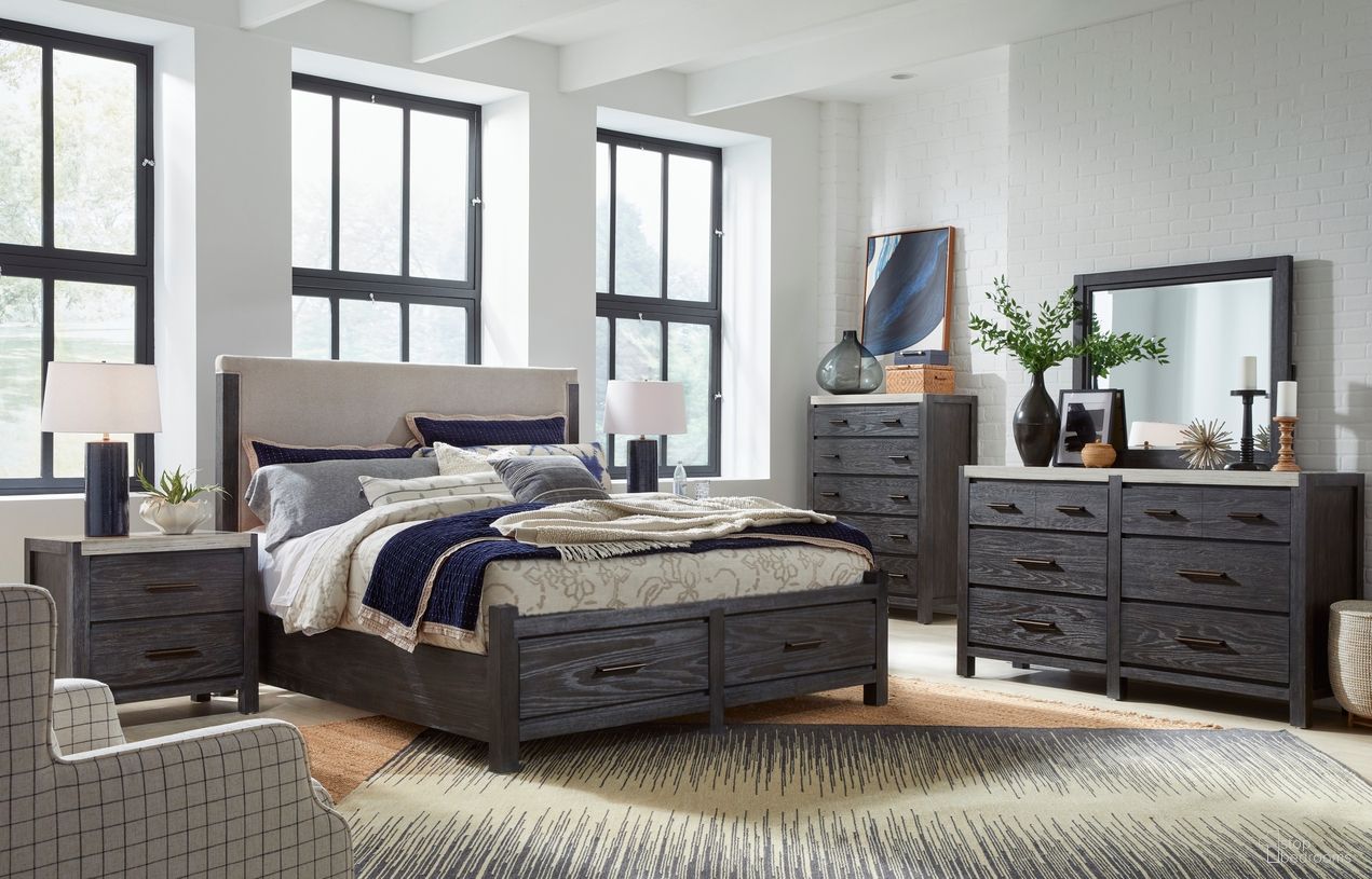The appearance of Plum Creek Upholstered Panel Storage Bedroom Set In Ravenwood Black designed by Magnussen in the coastal interior design. This ravenwood black piece of furniture was selected by 1StopBedrooms from Plum Creek Collection to add a touch of cosiness and style into your home. Sku: B5990-55H;B5990-54SF;B5990-54R;B5990-01. Bed Size: California King. Material: Hardwood.