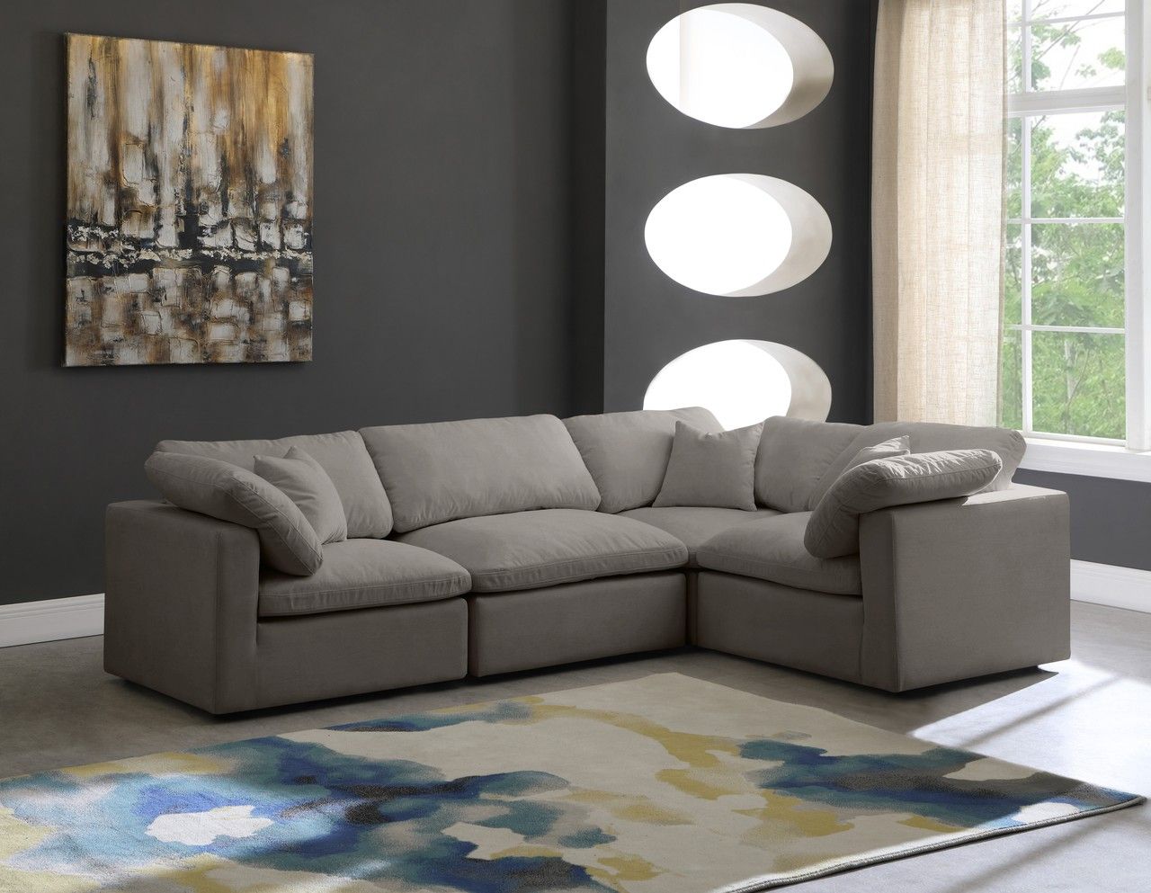 The appearance of Plush Modular Sectional In Grey Velvet designed by Meridian in the modern / contemporary interior design. This grey velvet piece of furniture was selected by 1StopBedrooms from Plush Collection to add a touch of cosiness and style into your home. Sku: 602Grey-Armless;602Grey-Corner;602Grey-Corner;602Grey-Corner. Material: Velvet.