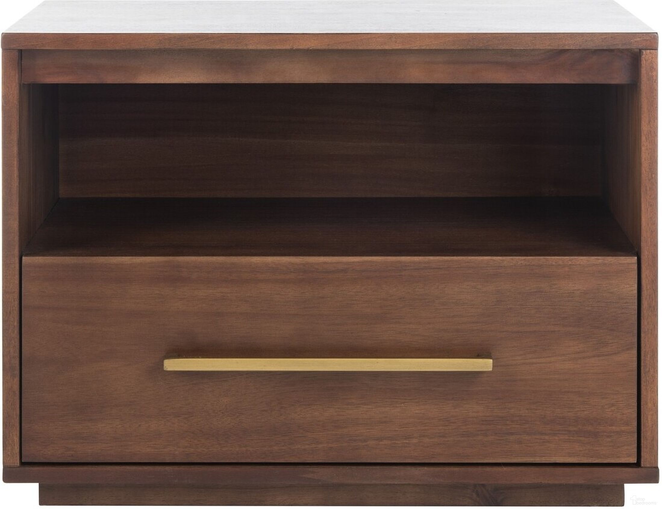 The appearance of Poesy 1 Drawer Nightstand In Brown designed by Safavieh Couture in the modern / contemporary interior design. This brown piece of furniture  was selected by 1StopBedrooms from Poesy Collection to add a touch of cosiness and style into your home. Sku: SFV7200B. Material: Wood.
