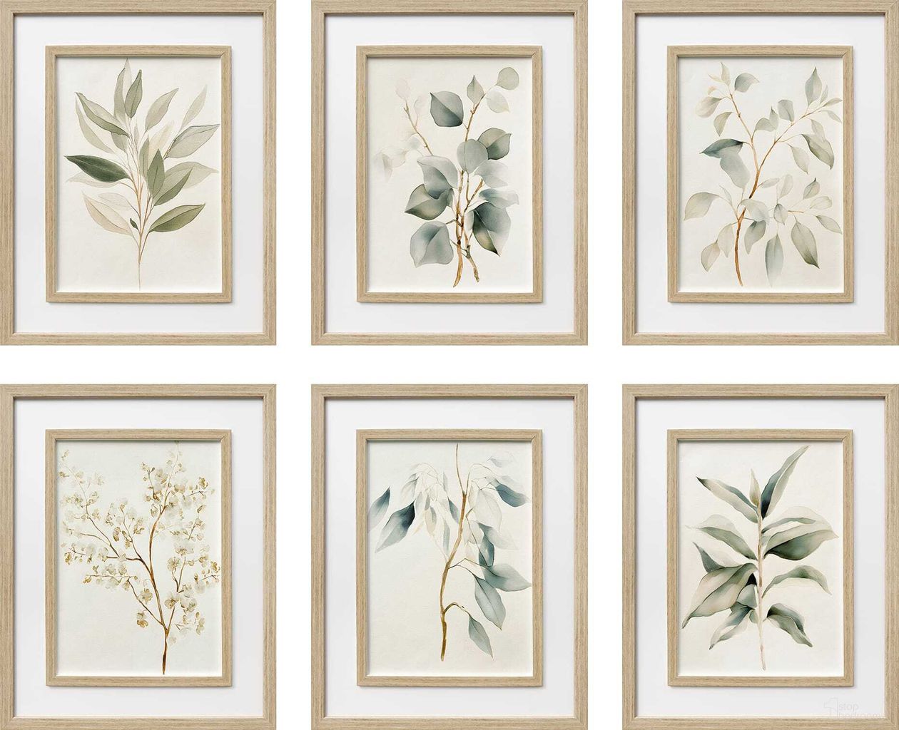 Poetic Quiet Botanical - 48" x 60" - Print on Paper Set in Double Frame In Green/White/Beige