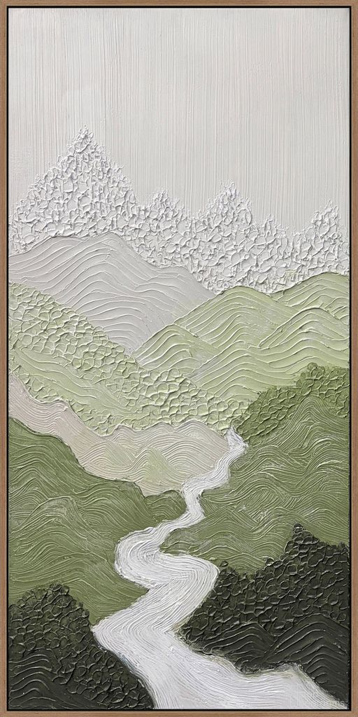 Poetic Verdant Passage I - 40" x 20" - Hand-Painted Canvas In Green/Gray/Ivory