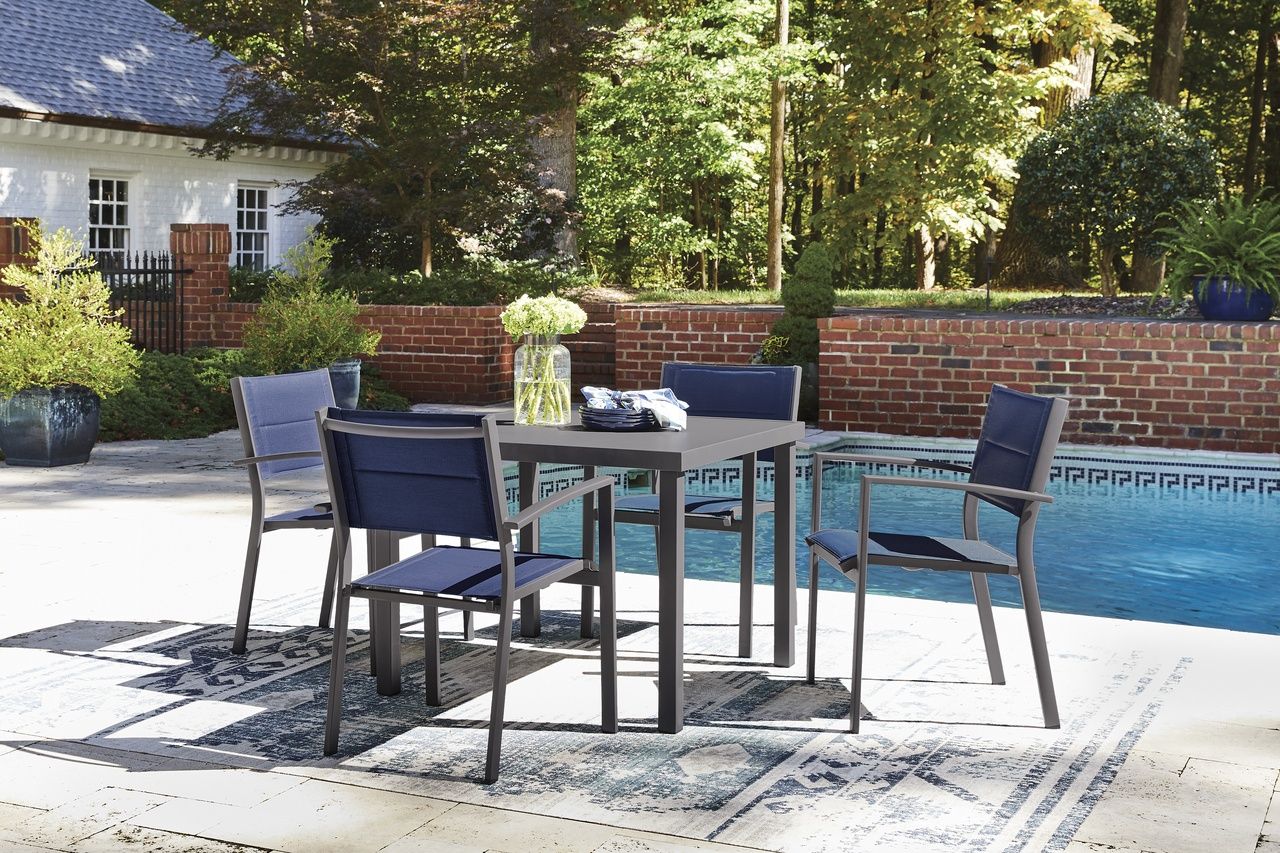 The appearance of Point Bonita Outdoor Dining Room Set In Gray designed by Signature Design by Ashley in the modern / contemporary interior design. This gray/blue piece of furniture was selected by 1StopBedrooms from Point Bonita Collection to add a touch of cosiness and style into your home. Sku: P326-615;P326-601A. Table Top Shape: Square. Material: Stainless Steel.