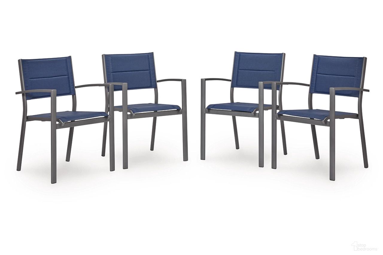 The appearance of Point Bonita Outdoor Sling Arm Chair Set of 4 In Gray and Blue designed by Signature Design by Ashley in the modern / contemporary interior design. This gray/blue piece of furniture  was selected by 1StopBedrooms from Point Bonita Collection to add a touch of cosiness and style into your home. Sku: P326-601A. Material: Aluminum.