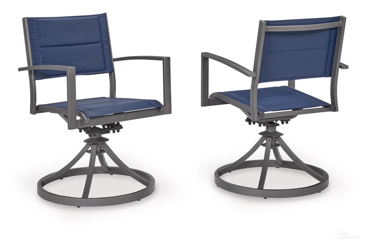 The appearance of Point Bonita Outdoor Sling Swivel Chair Set of 2 In Gray and Blue designed by Signature Design by Ashley in the modern / contemporary interior design. This gray/blue piece of furniture was selected by 1StopBedrooms from Point Bonita Collection to add a touch of cosiness and style into your home. Sku: P326-602A. Material: Aluminum.