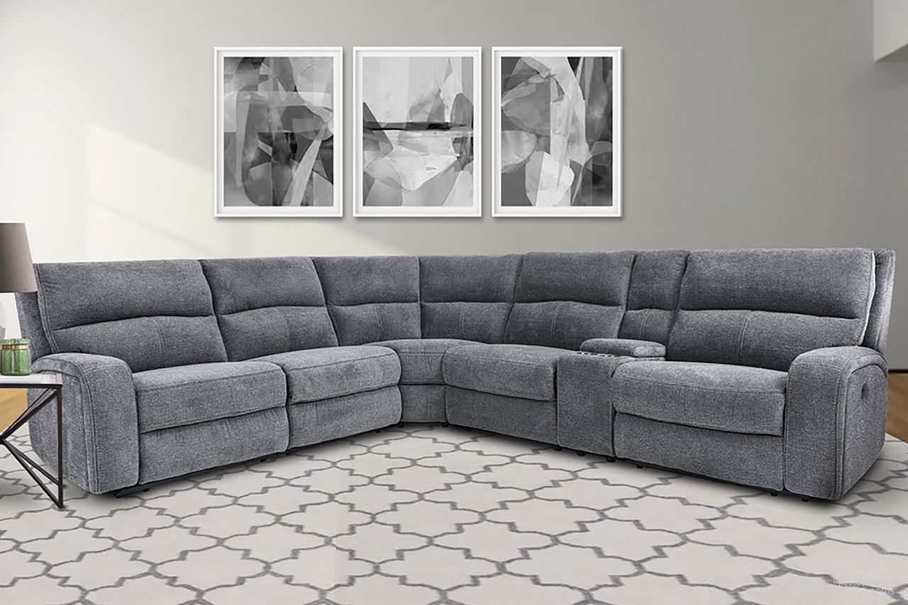 The appearance of Polaris Bizmark 6 Piece Modular Power Reclining Sectional With Power Headrests And Console In Grey designed by Parker House in the traditional interior design. This grey piece of furniture was selected by 1StopBedrooms from Polaris Collection to add a touch of cosiness and style into your home. Sku: MPOL#810-BIG;MPOL#811LPH-BIG;MPOL#811RPH-BIG;MPOL#840-BIG;MPOL#850-BIG;MPOL#860-BIG. Material: Polyester. Layout: L-Shape.
