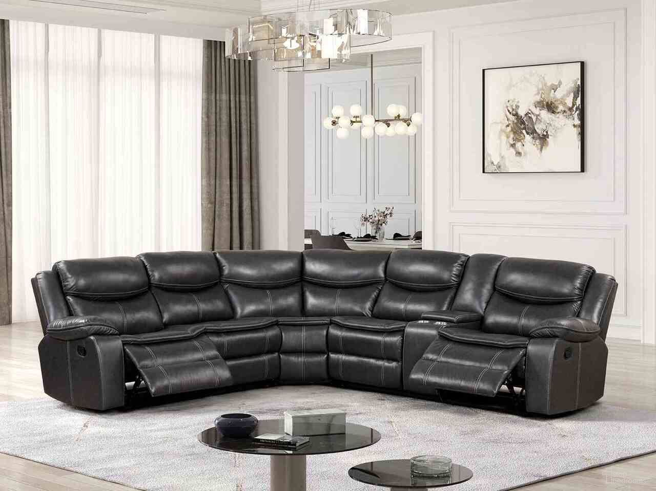 The appearance of Pollux Sectional In Dark Gray designed by Furniture of America in the transitional interior design. This dark gray piece of furniture  was selected by 1StopBedrooms from Pollux Collection to add a touch of cosiness and style into your home. Sku: CM6982DG-1;CM6982DG-2;CM6982DG-3. Material: Leather. Layout: L-Shape.