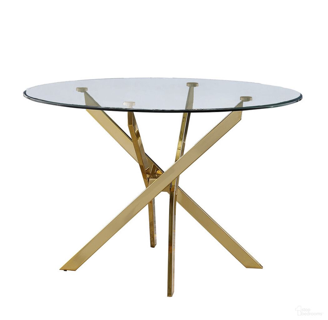The appearance of Poly Round Dining Table In Tempered Clear Glass and Gold Chrome designed by Best Quality Furniture in the modern / contemporary interior design. This gold/glass piece of furniture  was selected by 1StopBedrooms from Poly Collection to add a touch of cosiness and style into your home. Sku: D232-DTT;D232-DTB. Table Base Style: Pedestal. Table Top Shape: Round. Material: Glass. Size: 45".
