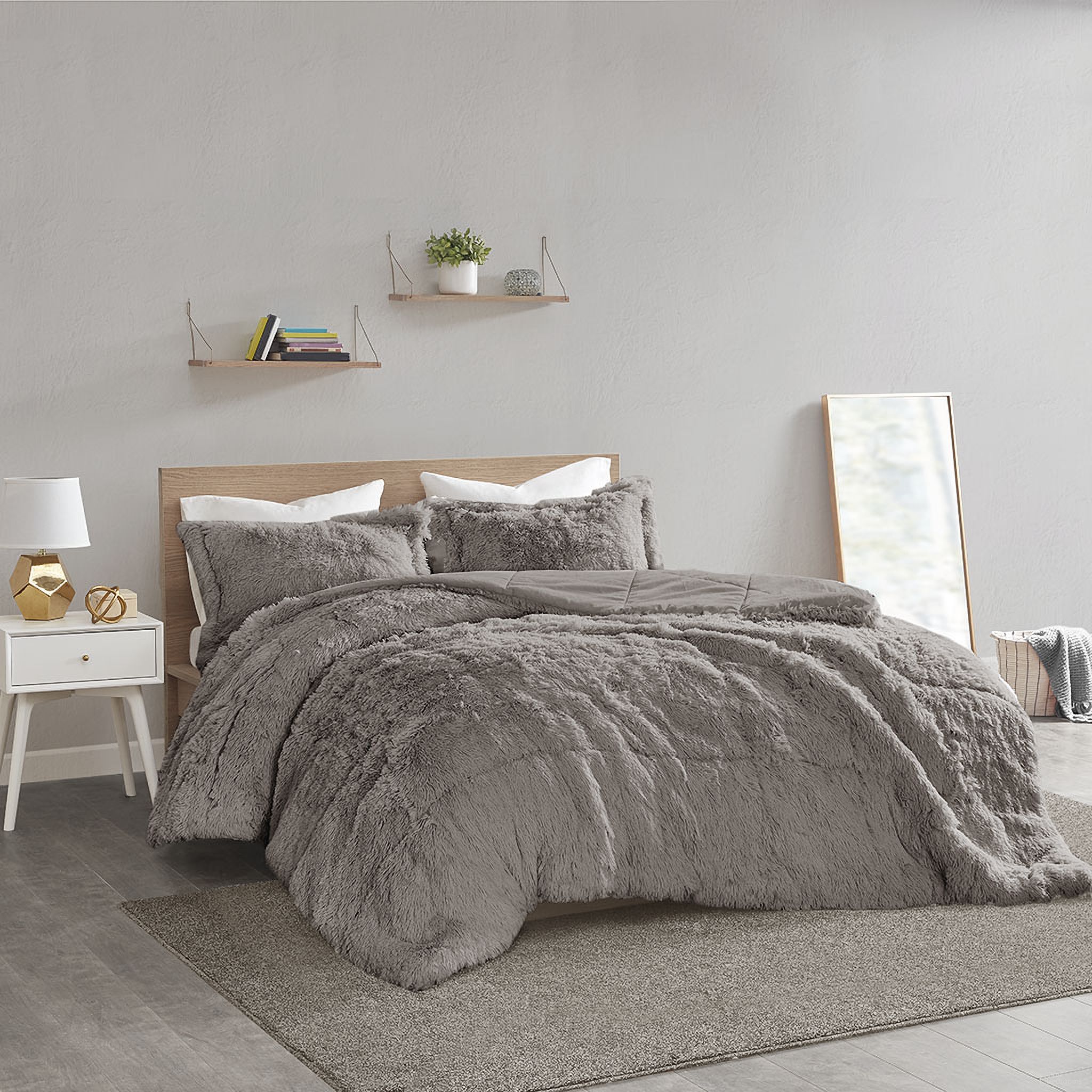 Polyester Back Solid Shaggy Long Fur 2 Piece Twin Comforter Set In Grey