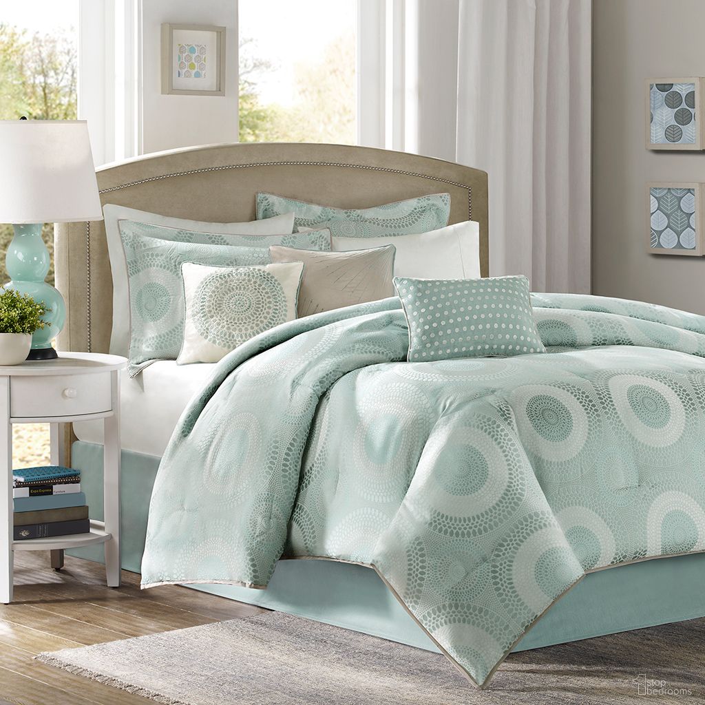 The appearance of Baxter 7 Piece Jaquard California King Comforter Set In Sage designed by Olliix in the transitional interior design. This seafoam/sage piece of furniture  was selected by 1StopBedrooms from Baxter Collection to add a touch of cosiness and style into your home. Sku: MP10-350. Material: Polyester. Bed Size: California King.
