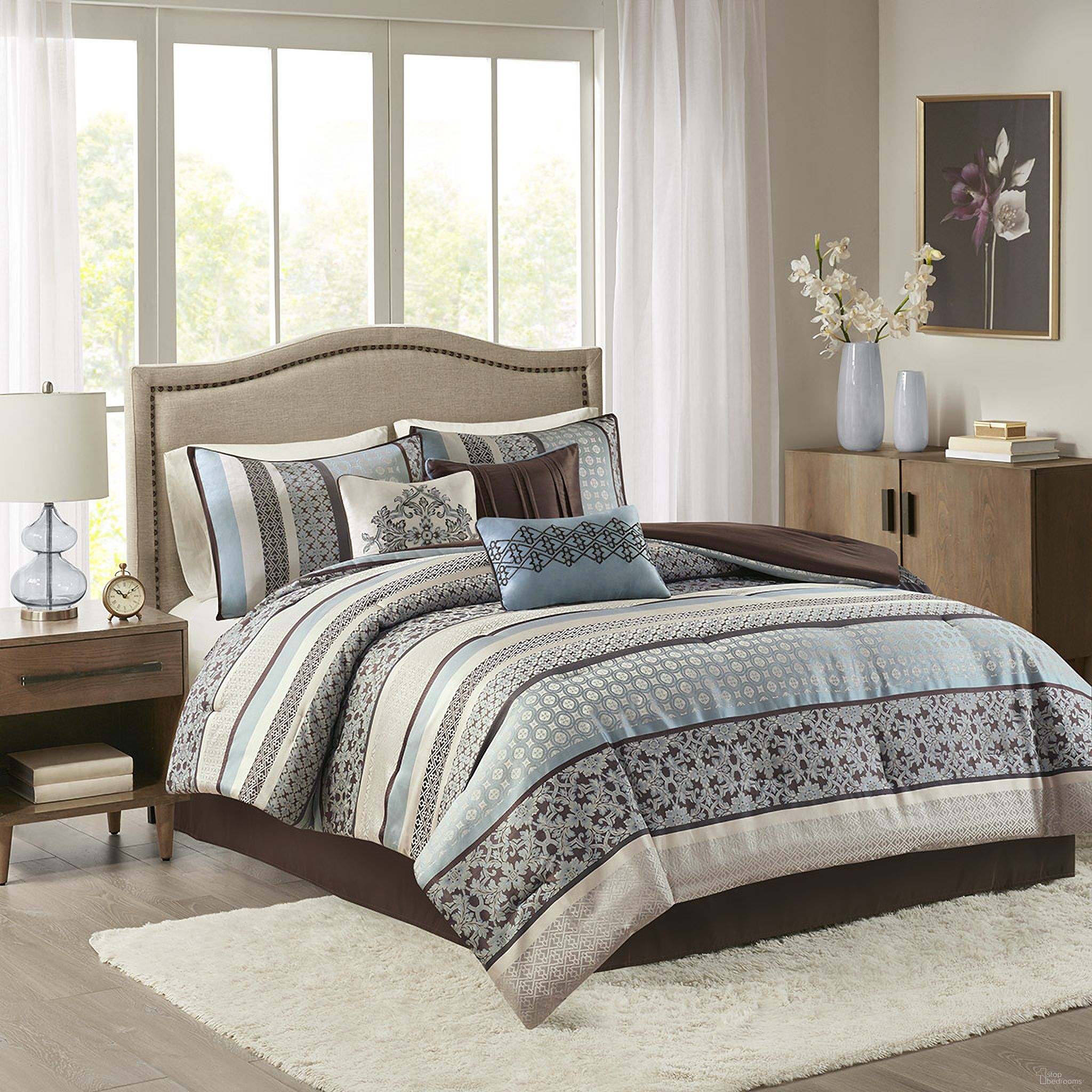 The appearance of Polyester Jacquard 7 Piece California King Comforter Set In Blue designed by Olliix in the traditional interior design. This blue piece of furniture was selected by 1StopBedrooms from Princeton Collection to add a touch of cosiness and style into your home. Sku: MP10-696. Material: Polyester. Bed Size: California King.