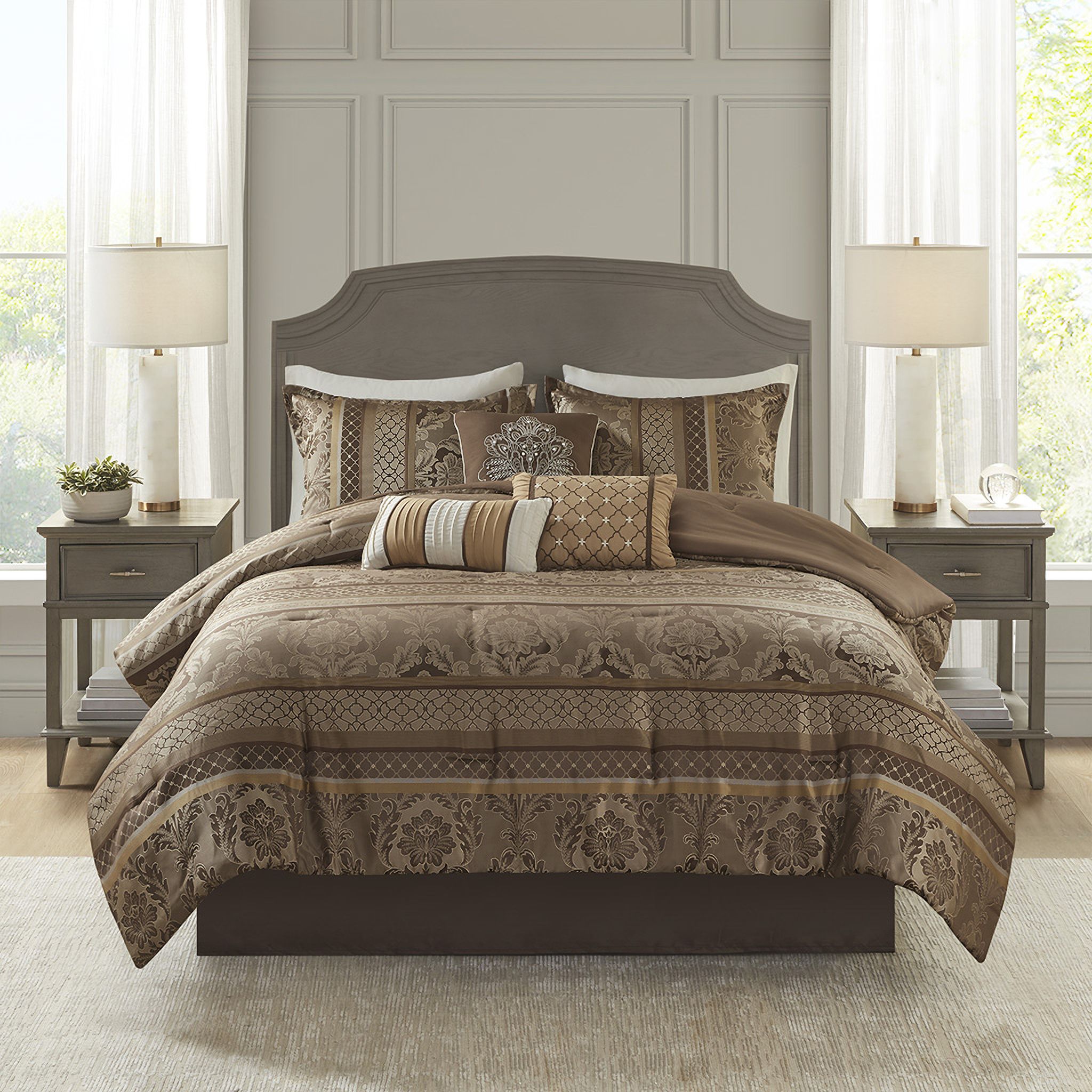 The appearance of Polyester Jacquard 7 Piece California King Comforter Set In Brown/Gold designed by Olliix in the traditional interior design. This brown/gold piece of furniture was selected by 1StopBedrooms from Bellagio Collection to add a touch of cosiness and style into your home. Sku: MP10-4535. Material: Polyester. Bed Size: California King.