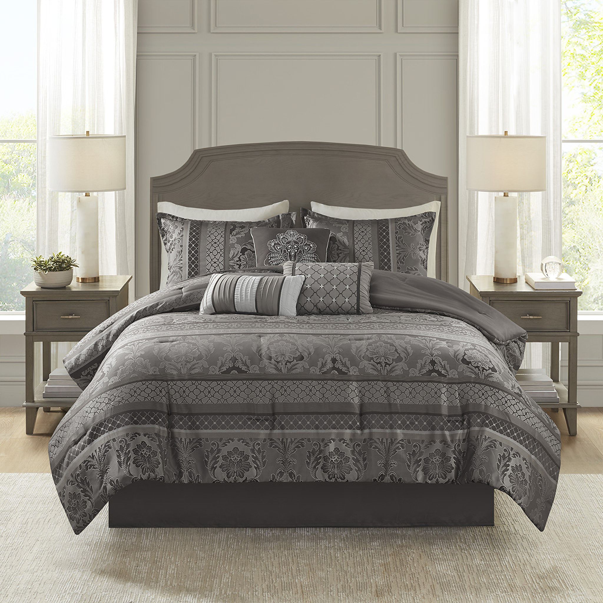 Polyester Jacquard 7 Piece California King Comforter Set In Grey