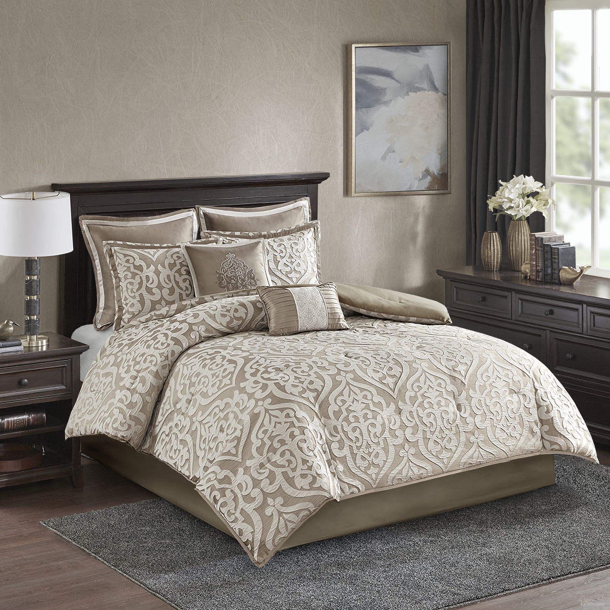 The appearance of Polyester Jacquard 8 Piece King Comforter Set In Tan designed by Olliix in the transitional interior design. This tan piece of furniture  was selected by 1StopBedrooms from Odette Collection to add a touch of cosiness and style into your home. Sku: MP10-6288. Material: Polyester. Bed Size: King.