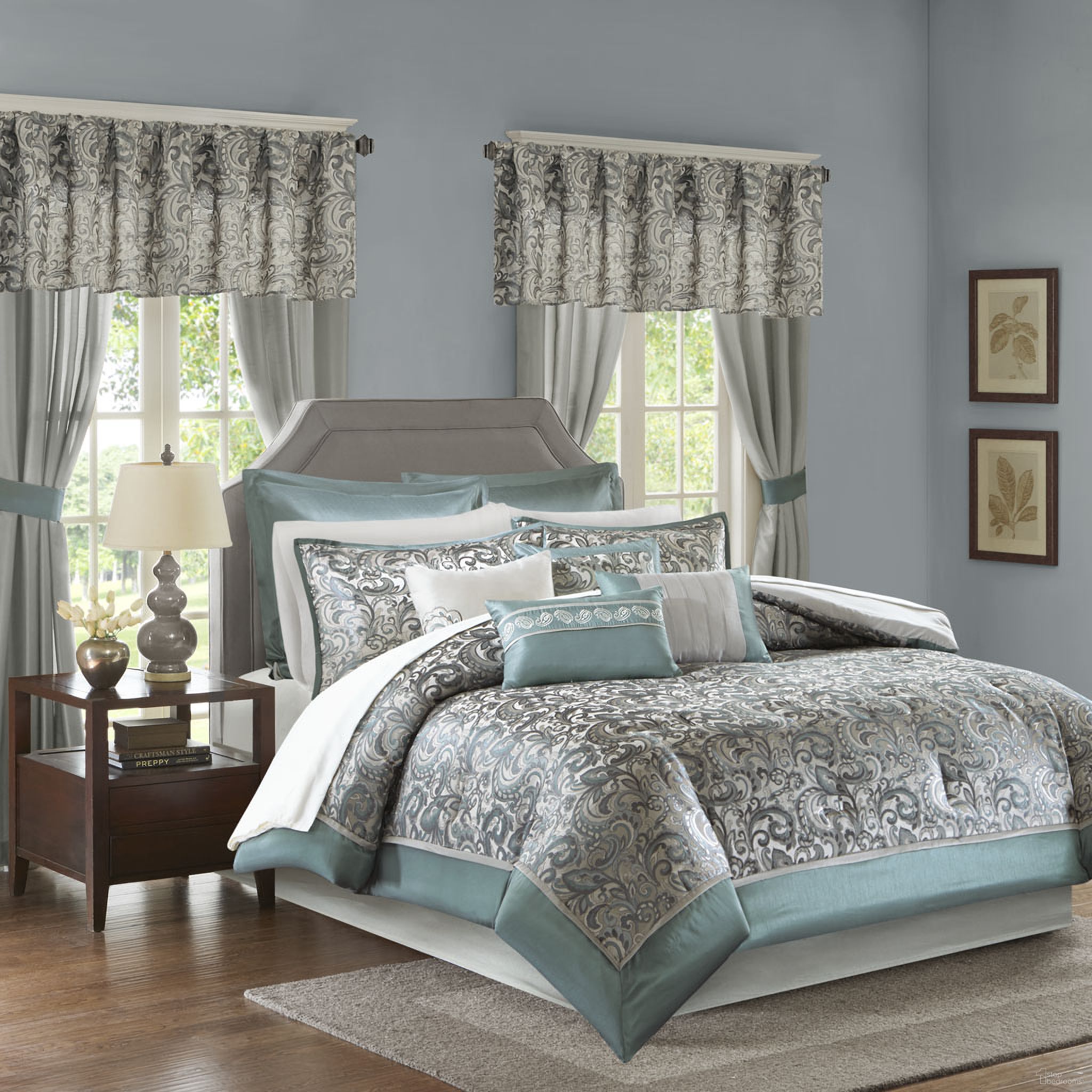 The appearance of Polyester Jacquard 24 Piece California King Comforter Set In Teal designed by Olliix in the traditional interior design. This teal piece of furniture  was selected by 1StopBedrooms from Brystol Collection to add a touch of cosiness and style into your home. Sku: MPE10-638. Material: Polyester. Bed Size: California King.